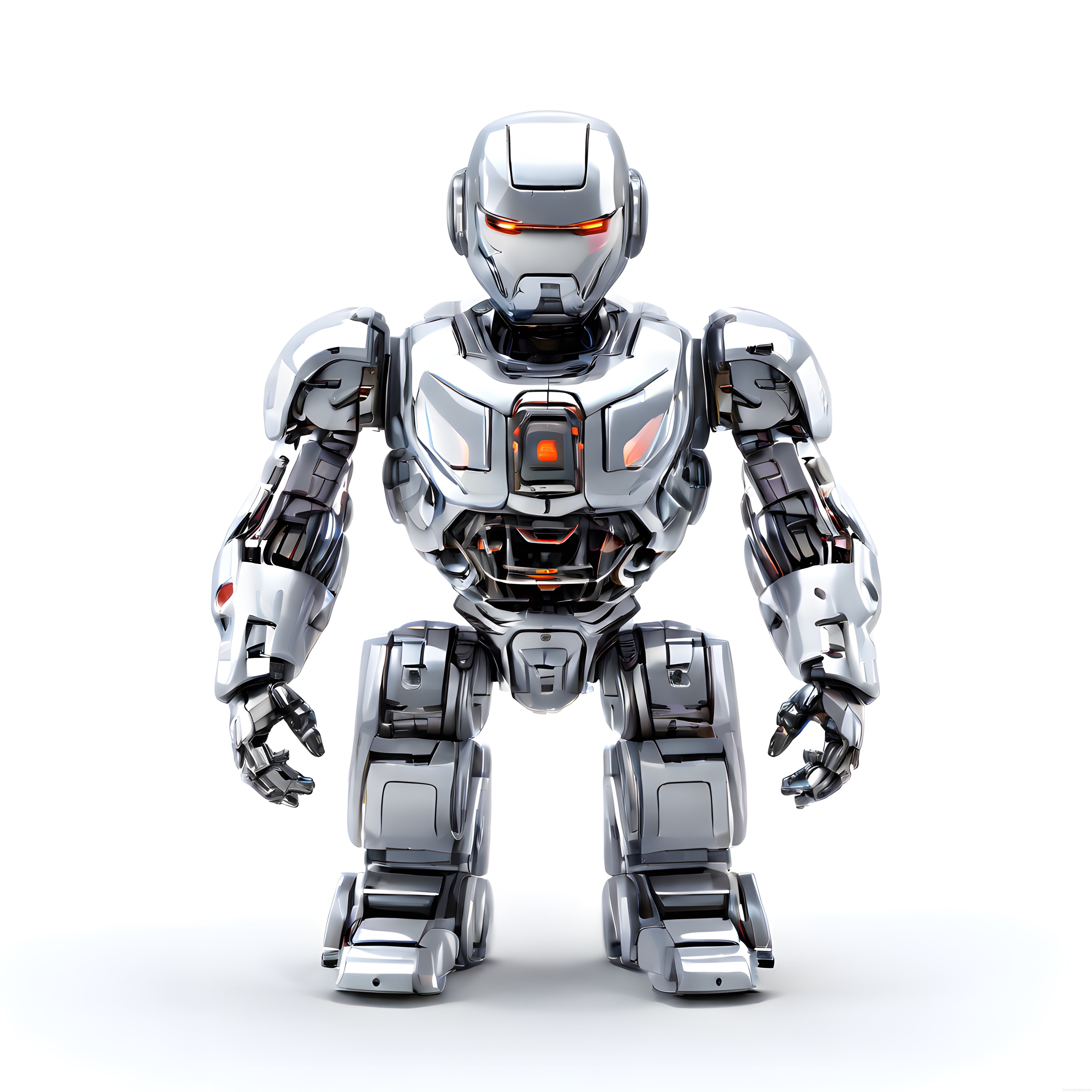 Parlak Metal Zırhlı Geleceğin İnsansı Robotu Beyaz Fon Üzerinde