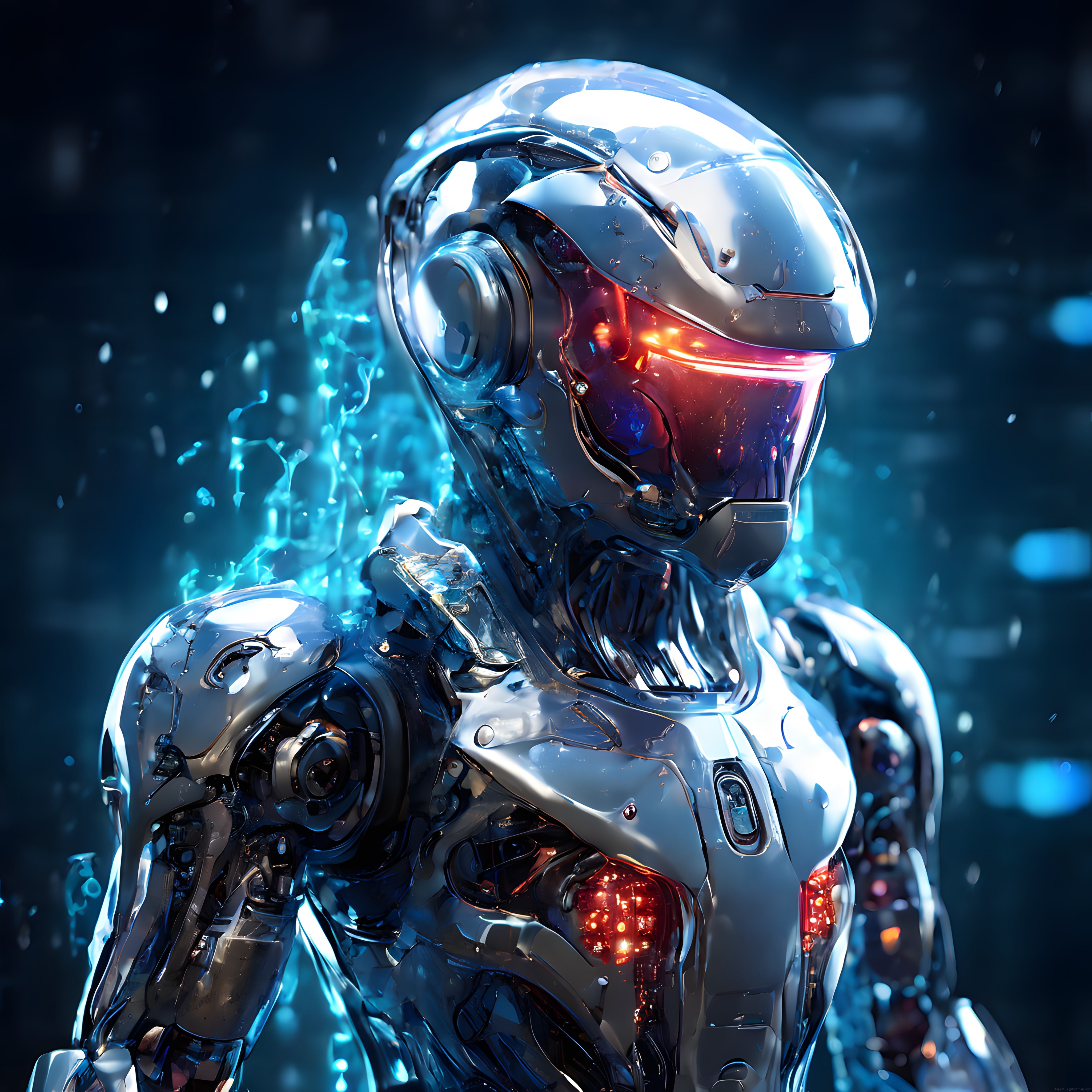 Parlak Metal Zırhlı İnsansı Robot Portresi: Geleceğin Kırmızı Vizörlü Androidi