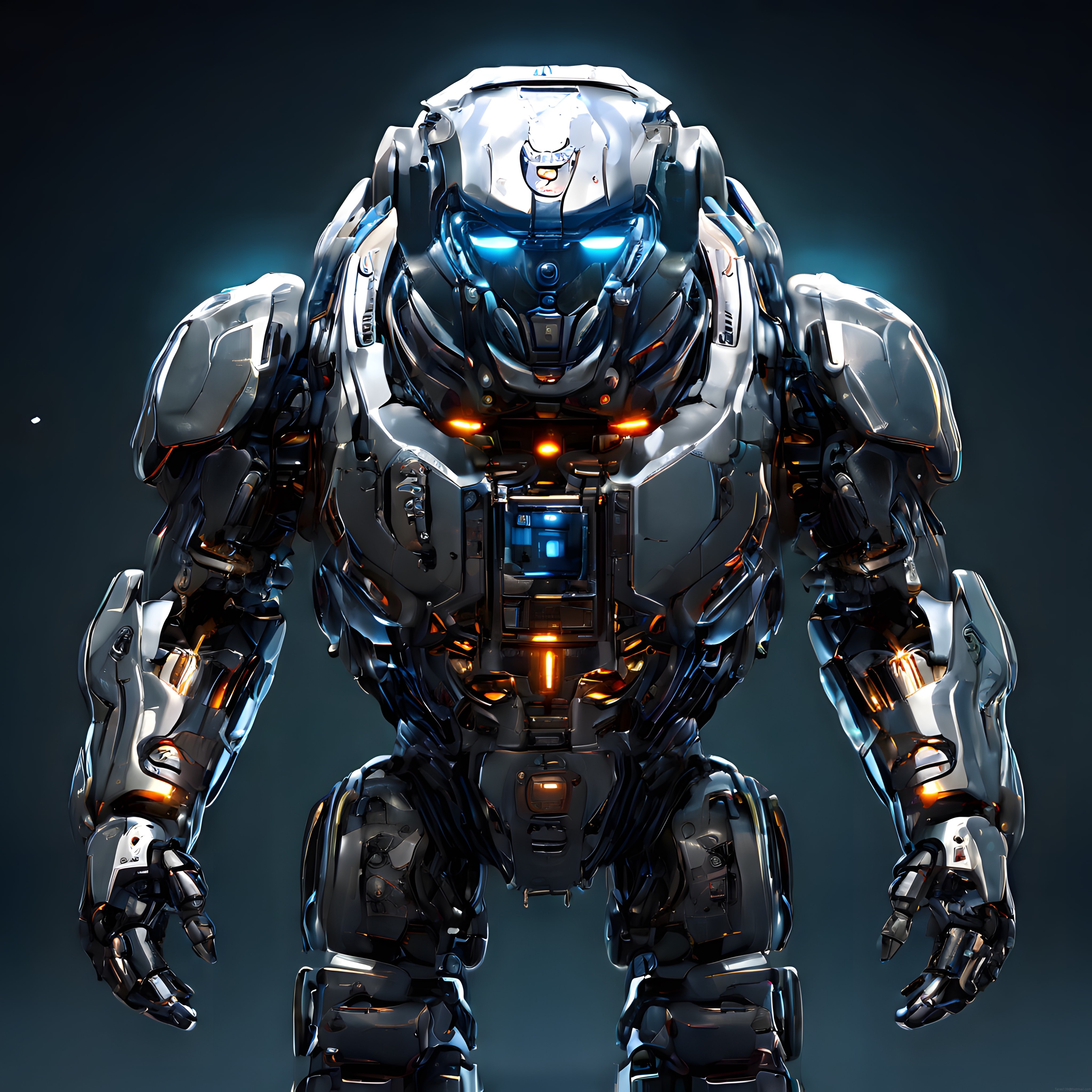 Parlak Metal Zırhlı İnsansı Robot ve Mavi Neon Işıklı Gözleri