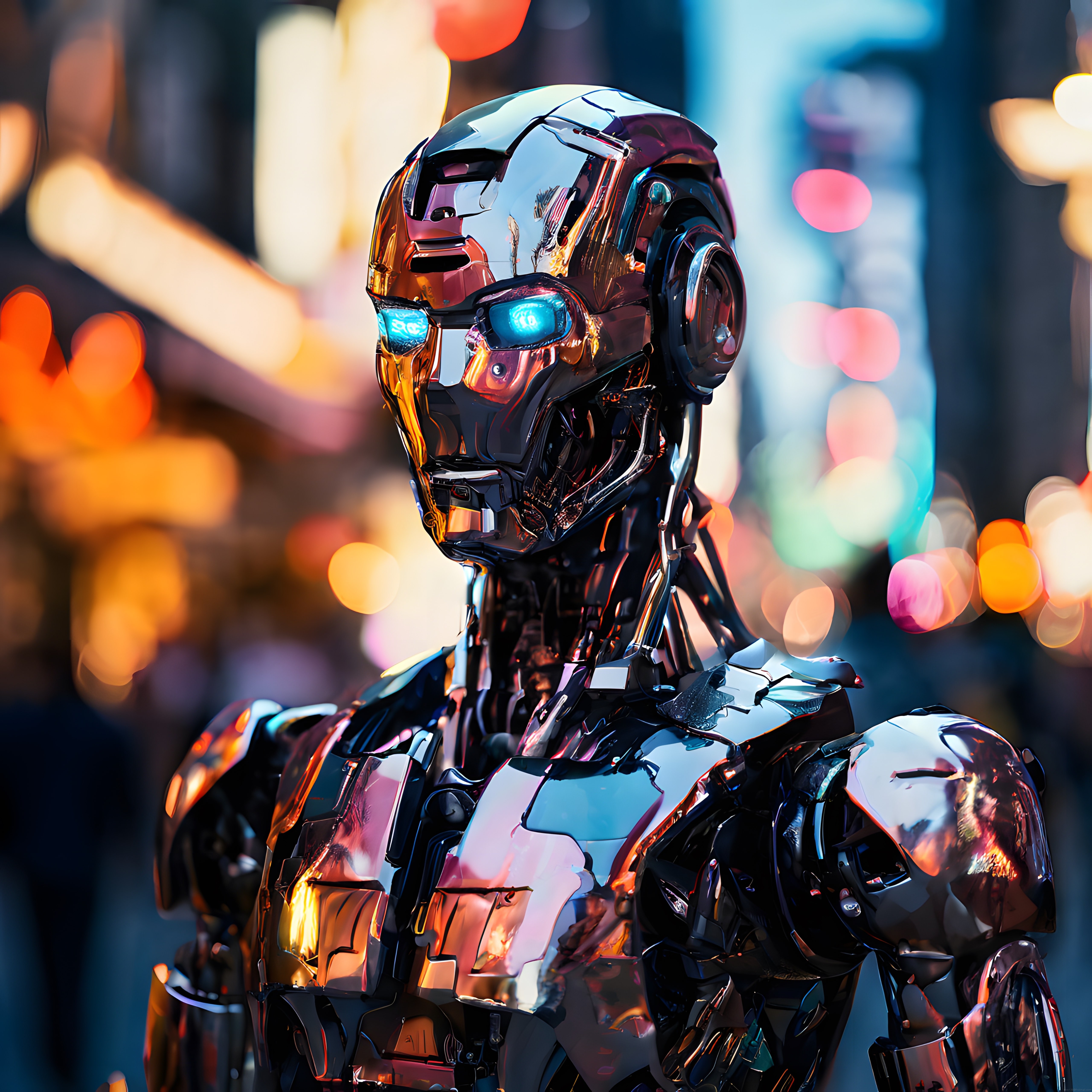 Parlak Metalik Geleceğin İnsansı Robotu ve Renkli Neon Şehir Işıkları