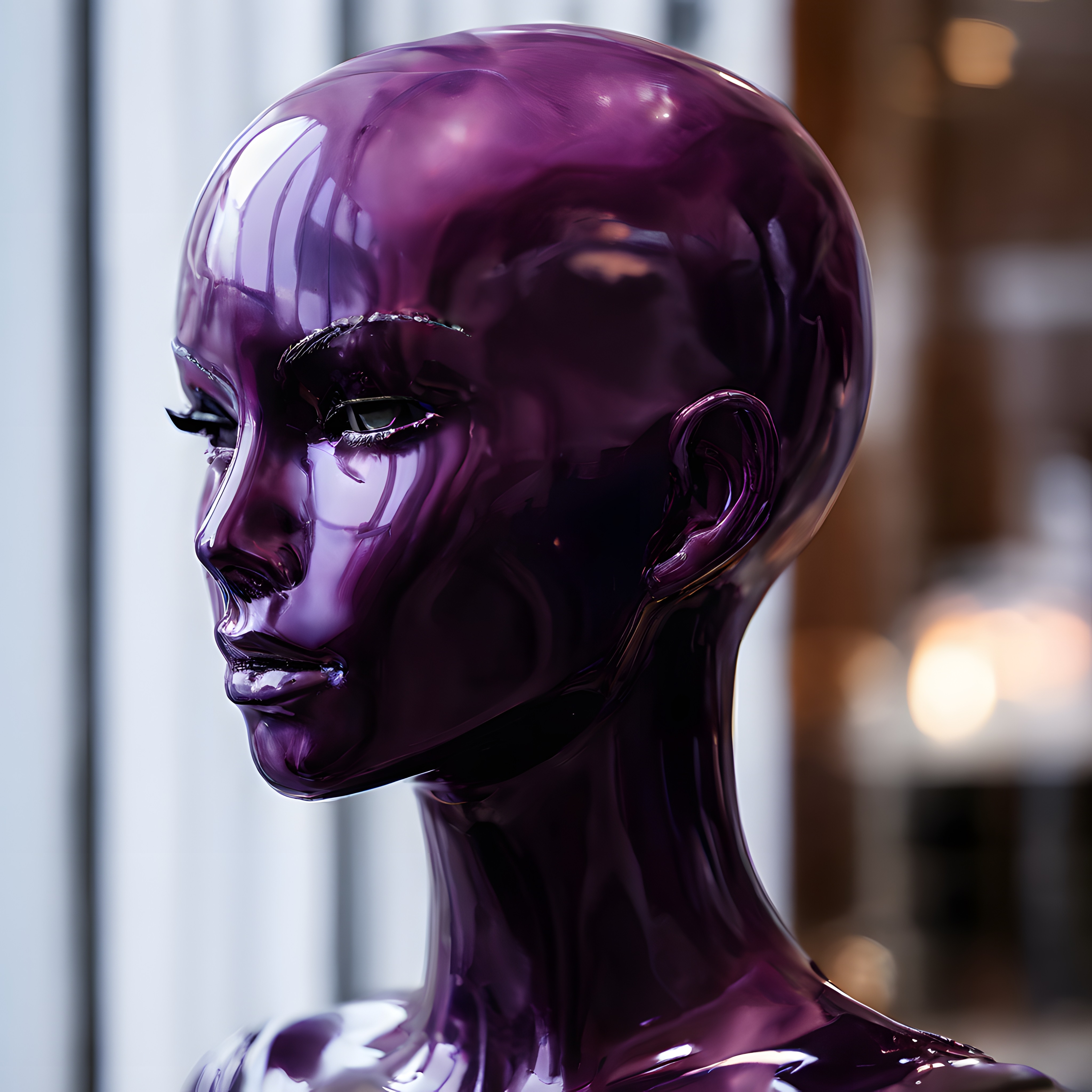 Parlak Mor Metalik Android Portresi ve Fütüristik Dijital Sanat