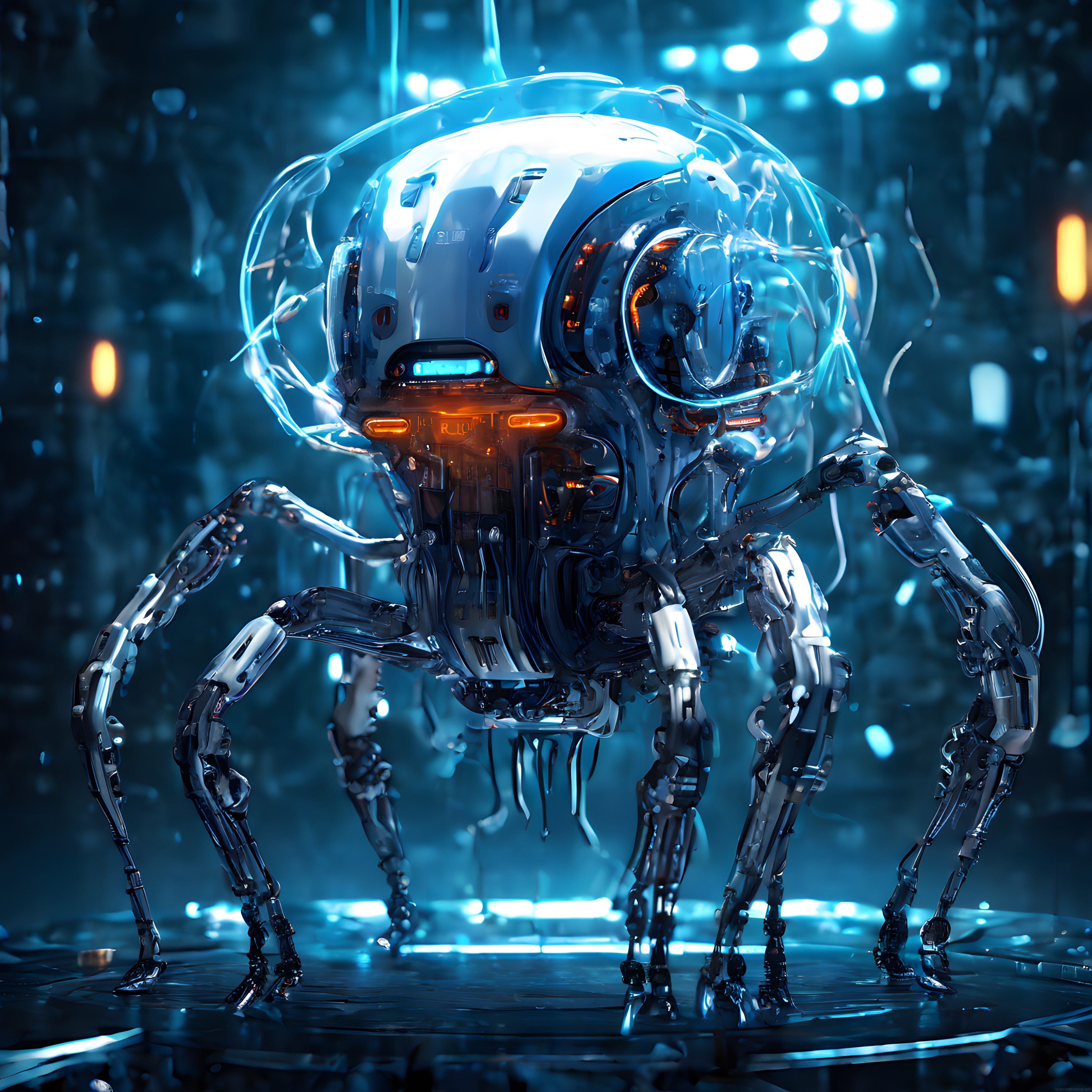 Parlak neon ışıklı ve şeffaf kubbeli geleceğin örümcek robotu
