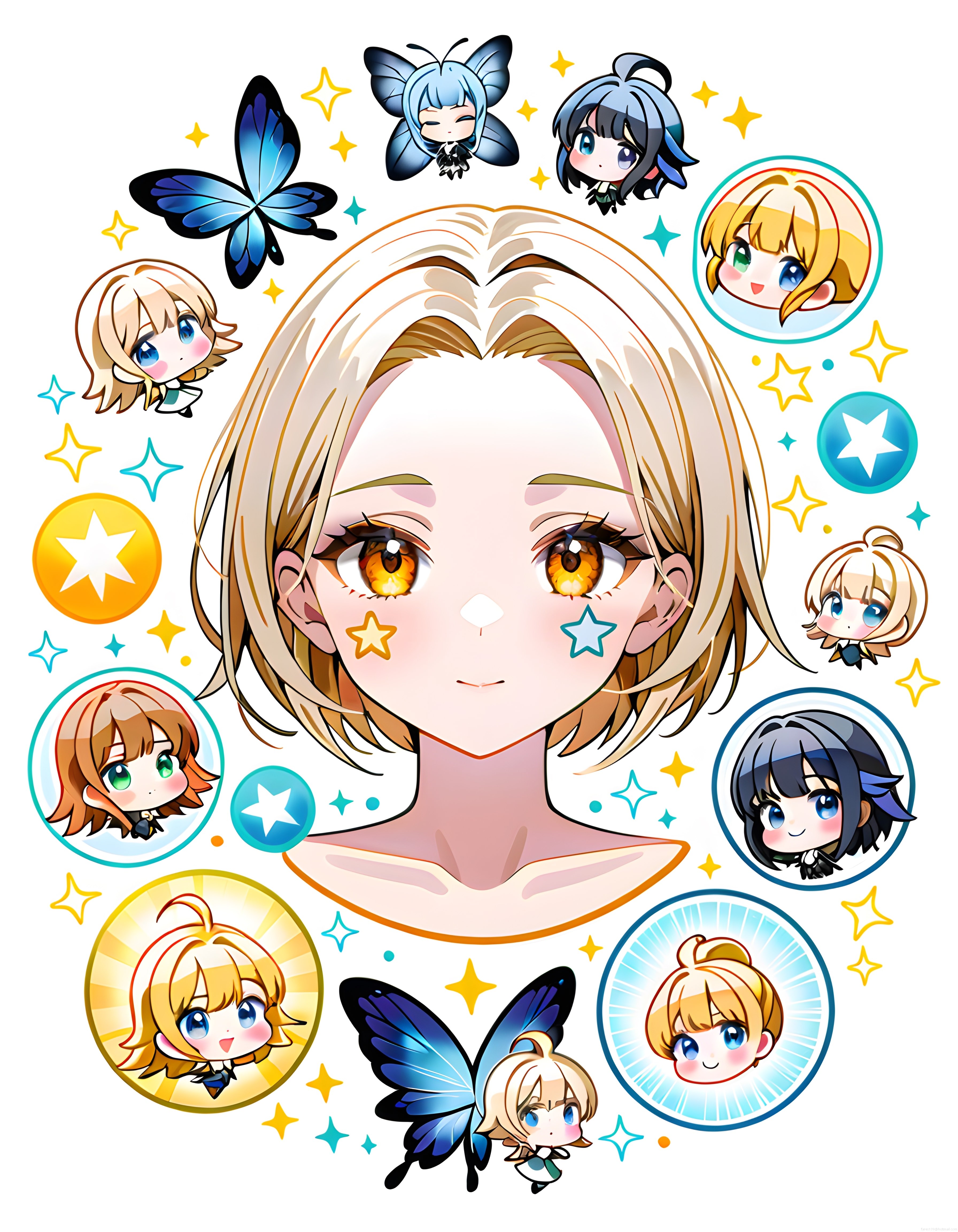 Parlak Renklerde Anime Kız ve Çevresindeki Chibi Karakterler Dijital Sanat
