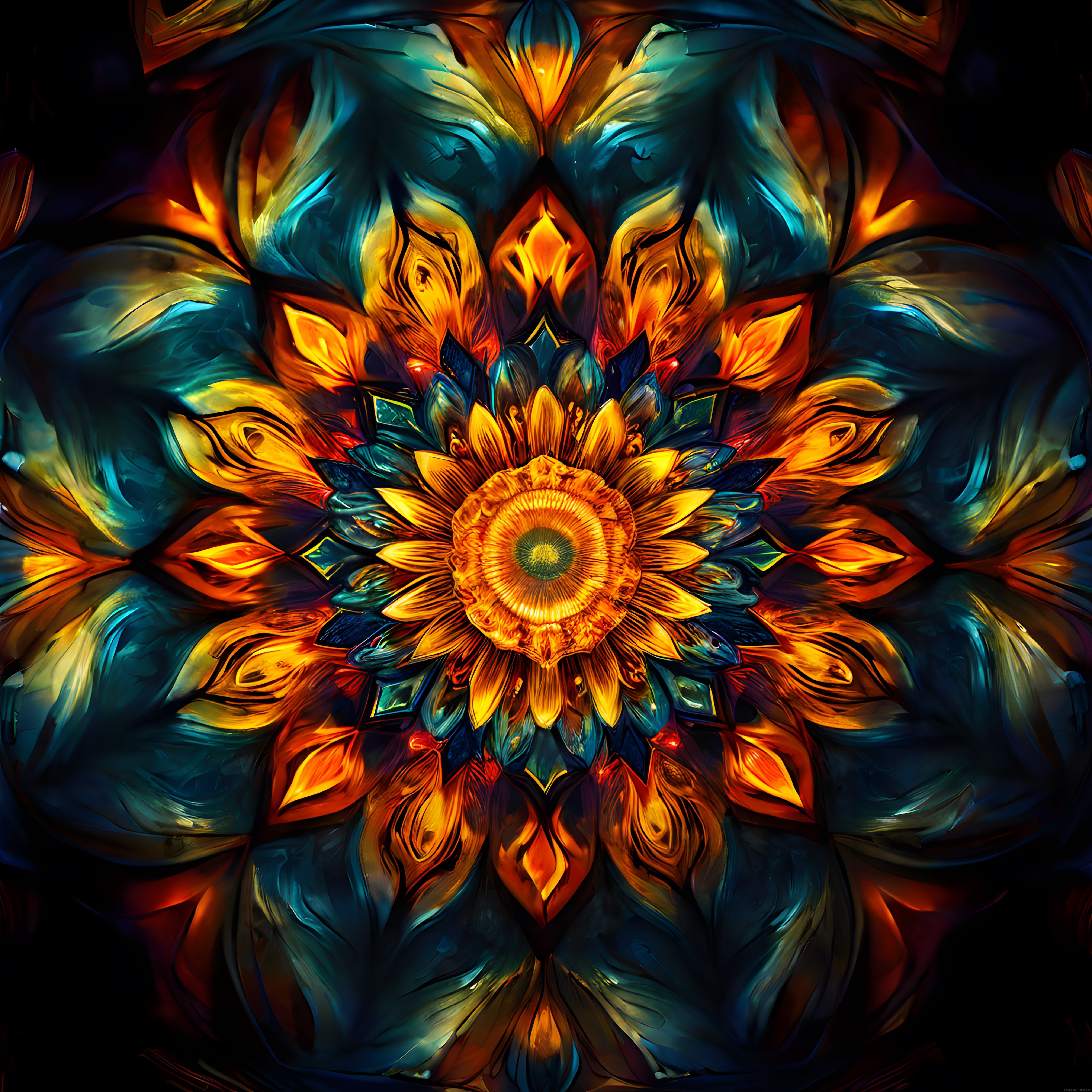 Parlak Renklerle Simetrik Lotus Çiçeği ve Psikedelik Dijital Sanat Tasarımı