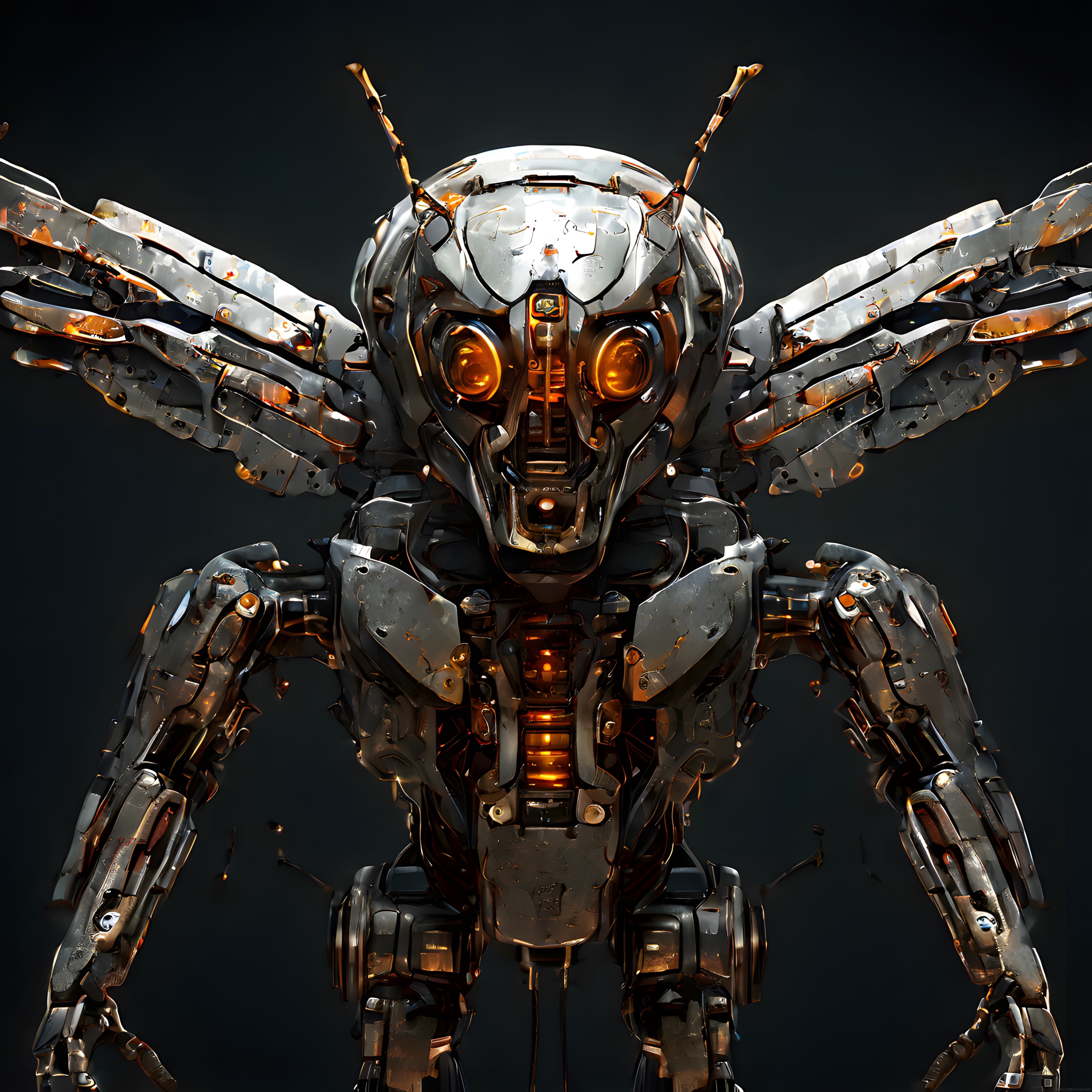 Parlak Turuncu Gözleriyle Dikkat Çeken Metalik Böcek Robot 3D Tasarım