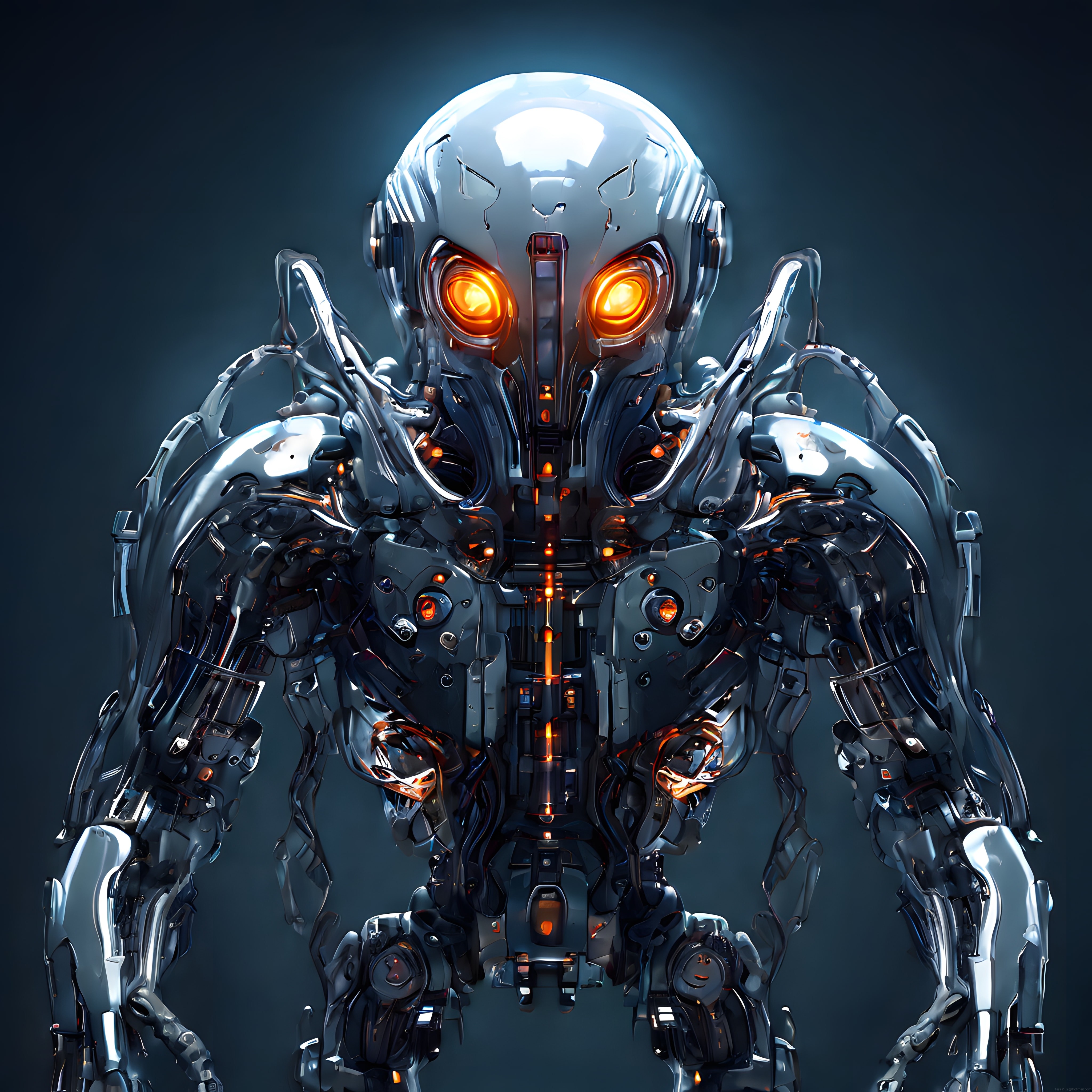 Parlak Turuncu Gözleriyle Geleceğin Krom Kaplama İnsansı Robotu