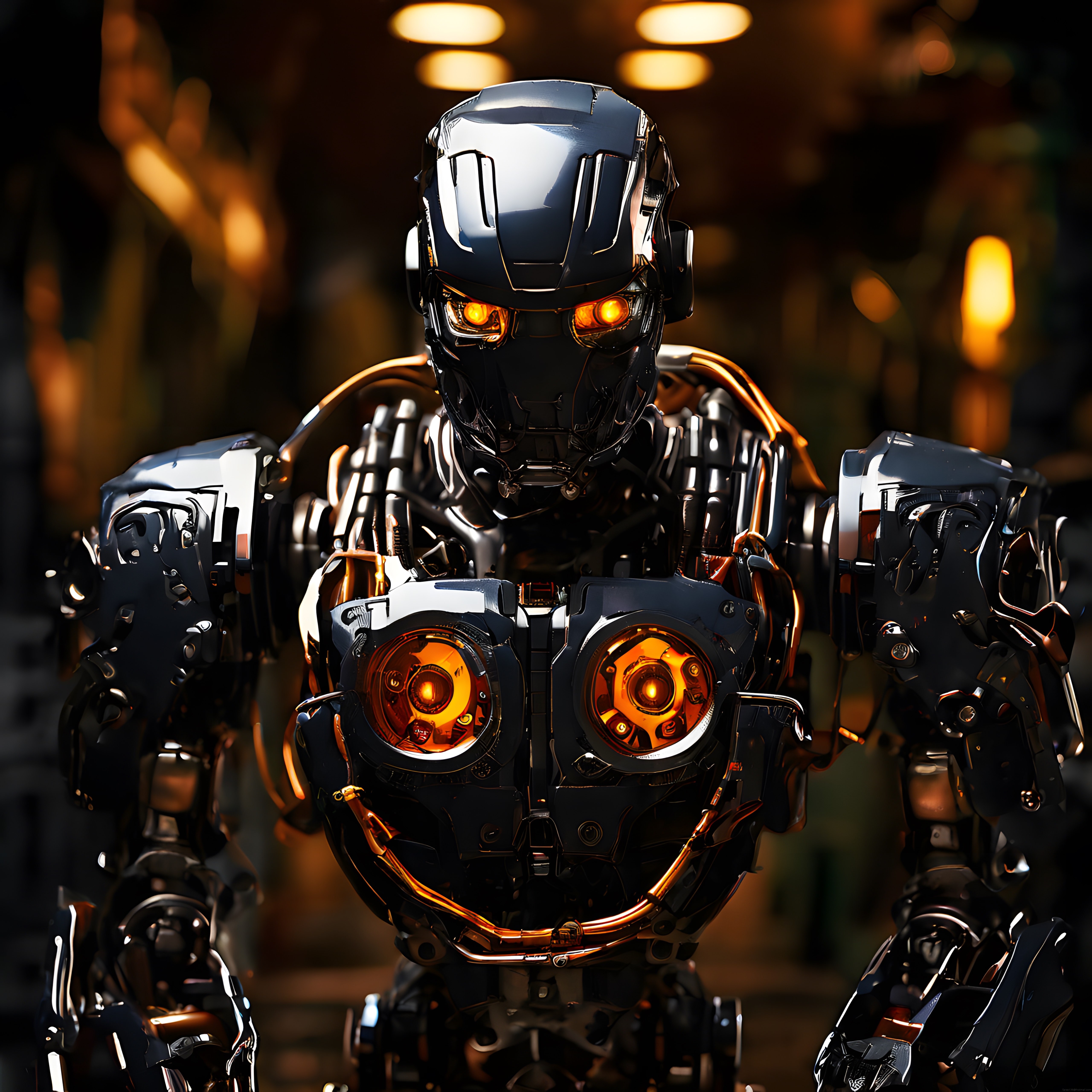 Parlak Turuncu Gözleriyle Geleceğin Tehditkar İnsansı Robotu ve Metal Zırhı