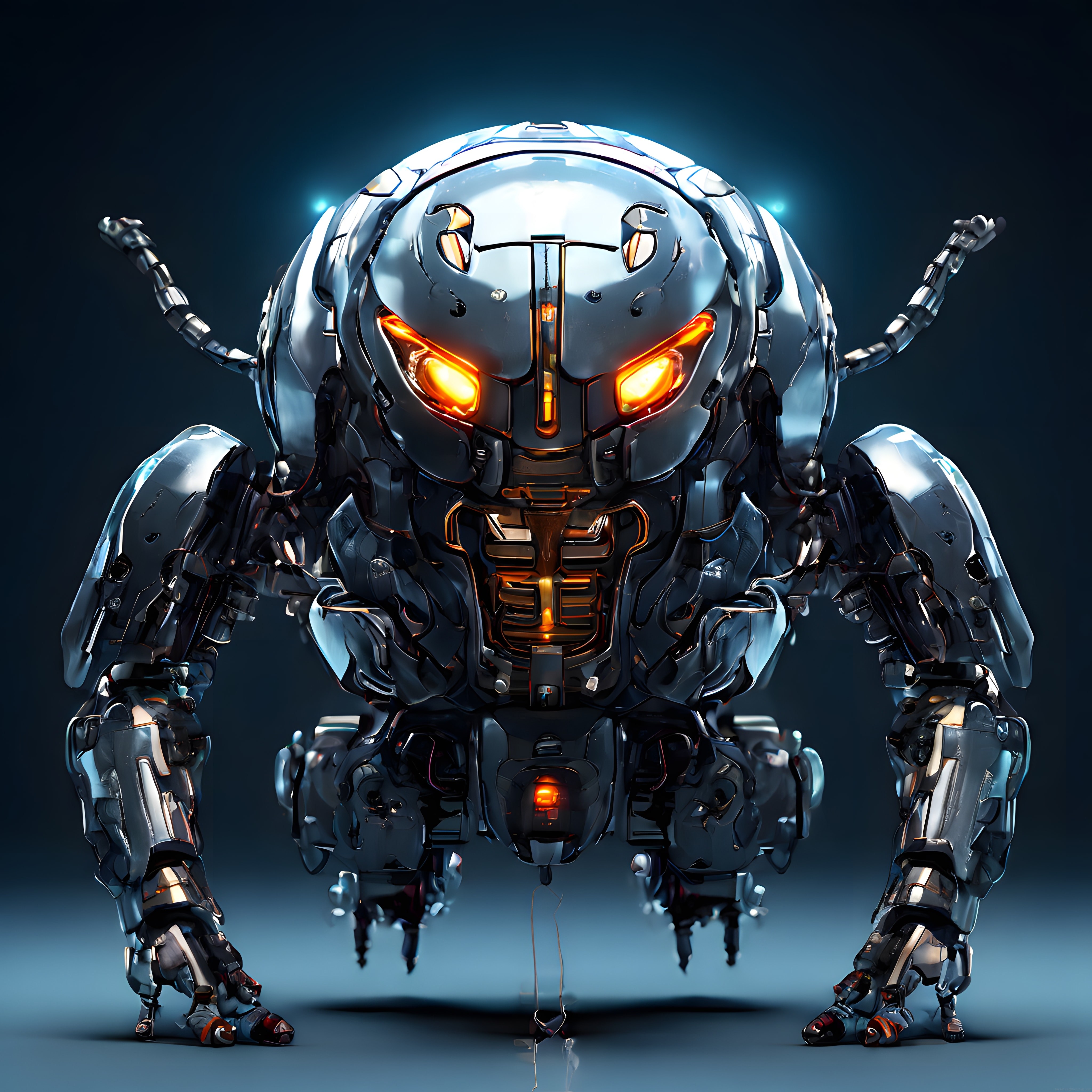 Parlak Turuncu Gözleriyle Geleceğin Tehditkar Savaş Robotu Mecha Zırh Tasarımı