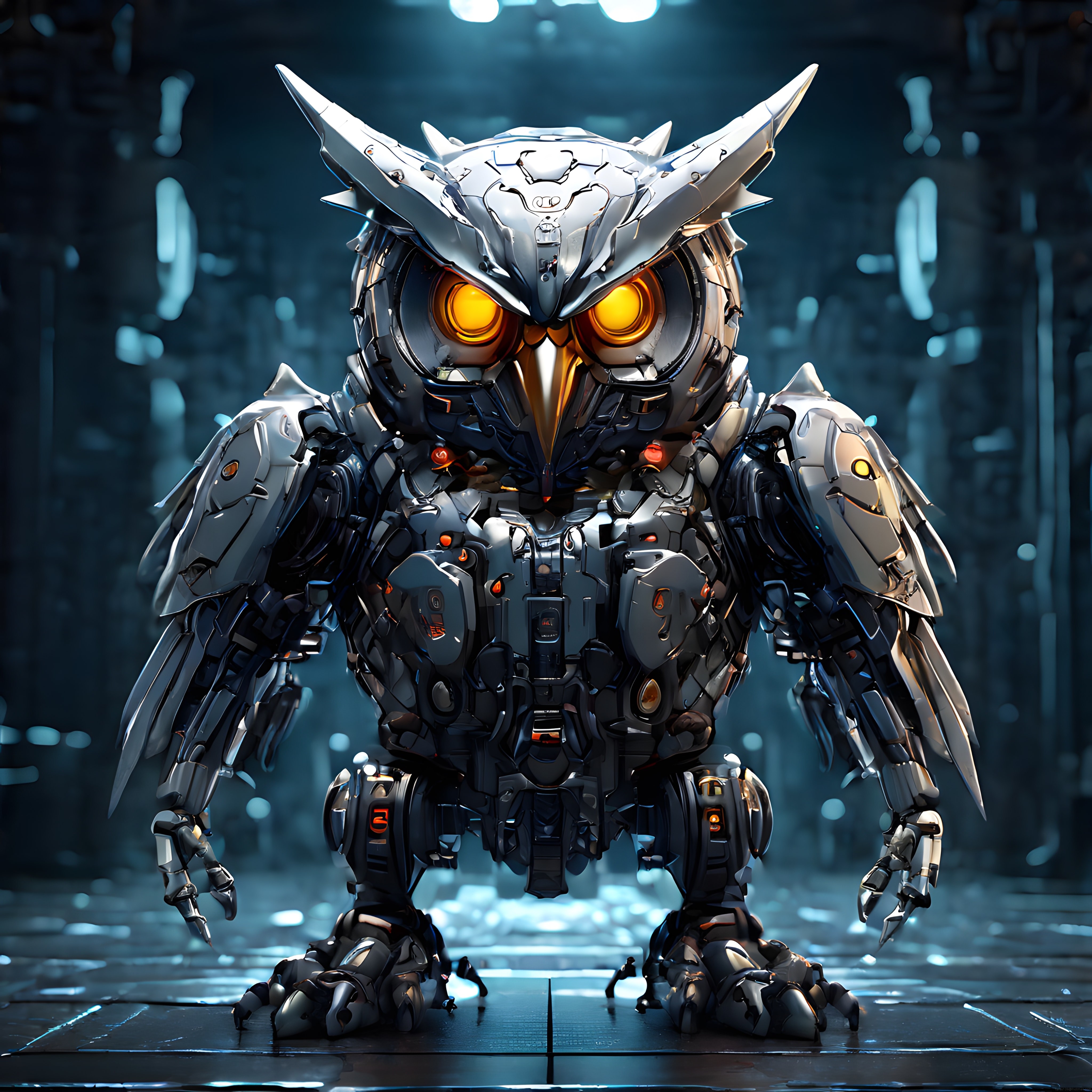 Parlak Turuncu Gözleriyle Geleceğin Vahşi Metal Mekanik Baykuş Robotu