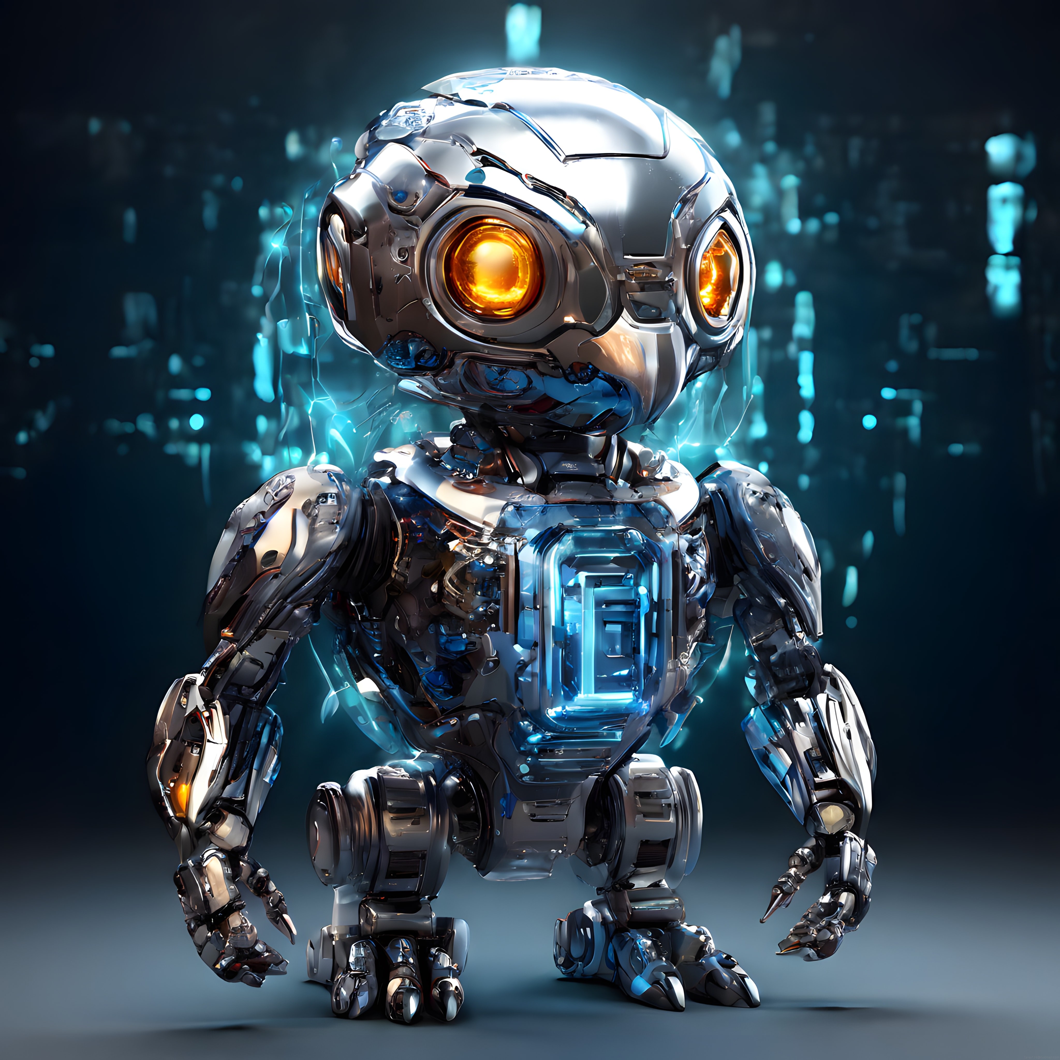 Parlak Turuncu Gözlü Gelecek Nesil İnsansı Robot ve Mavi Enerji Çekirdeği