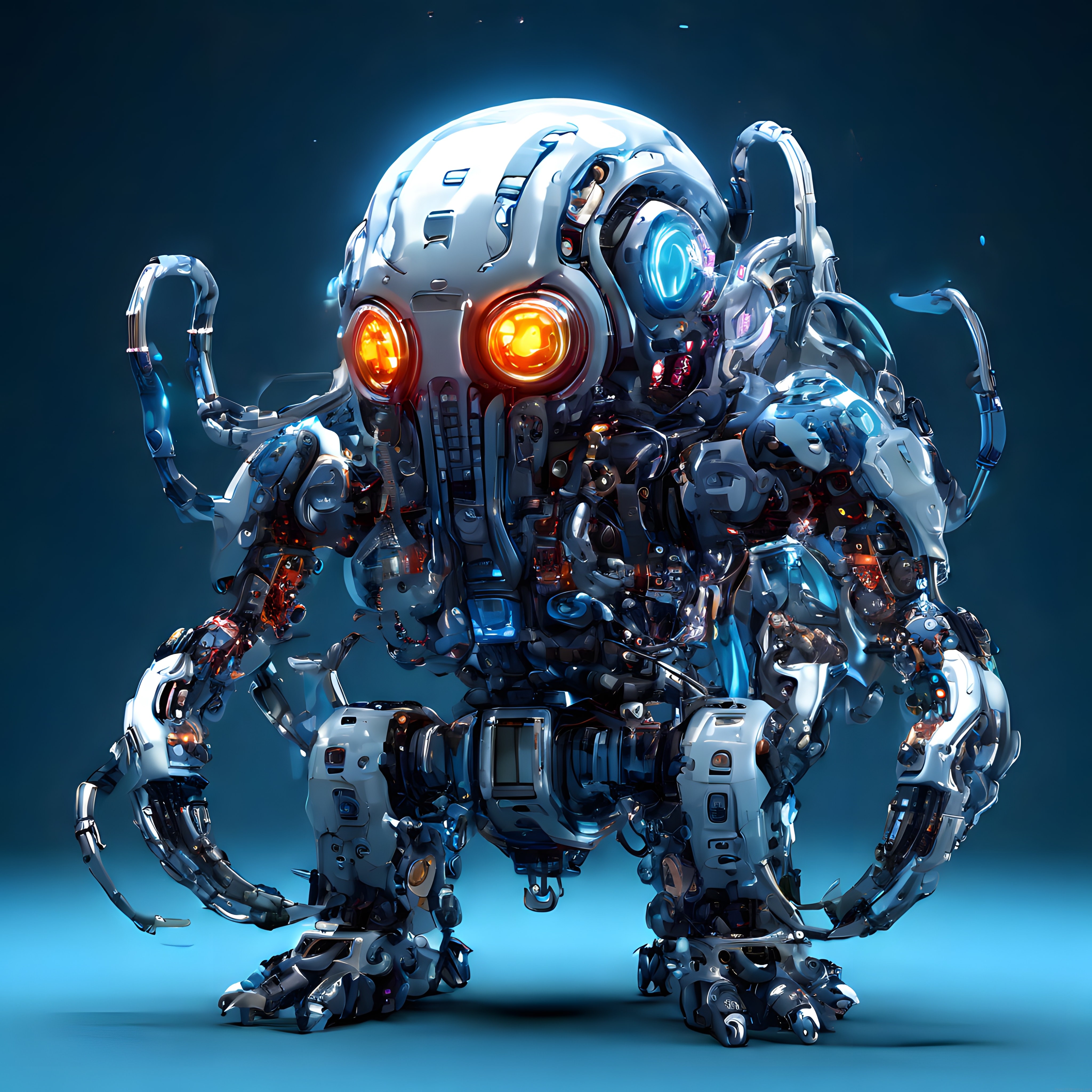 Parlak Turuncu Gözlü Gelecek Robotu: Sanatsal Dijital Tasarım