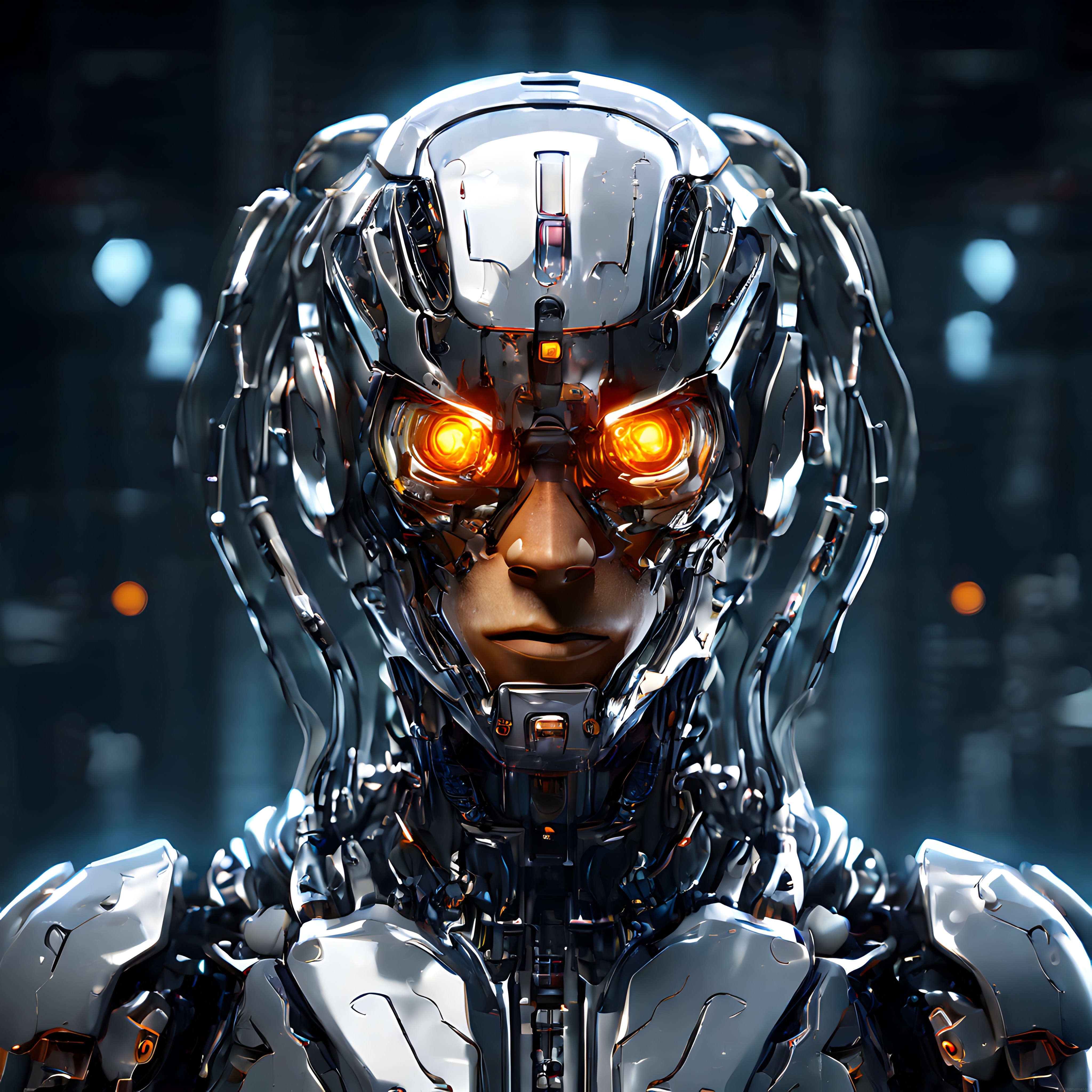 Parlak Turuncu Gözlü Gelişmiş Krom Cyborg Portresi ve Bilim Kurgu Atmosferi