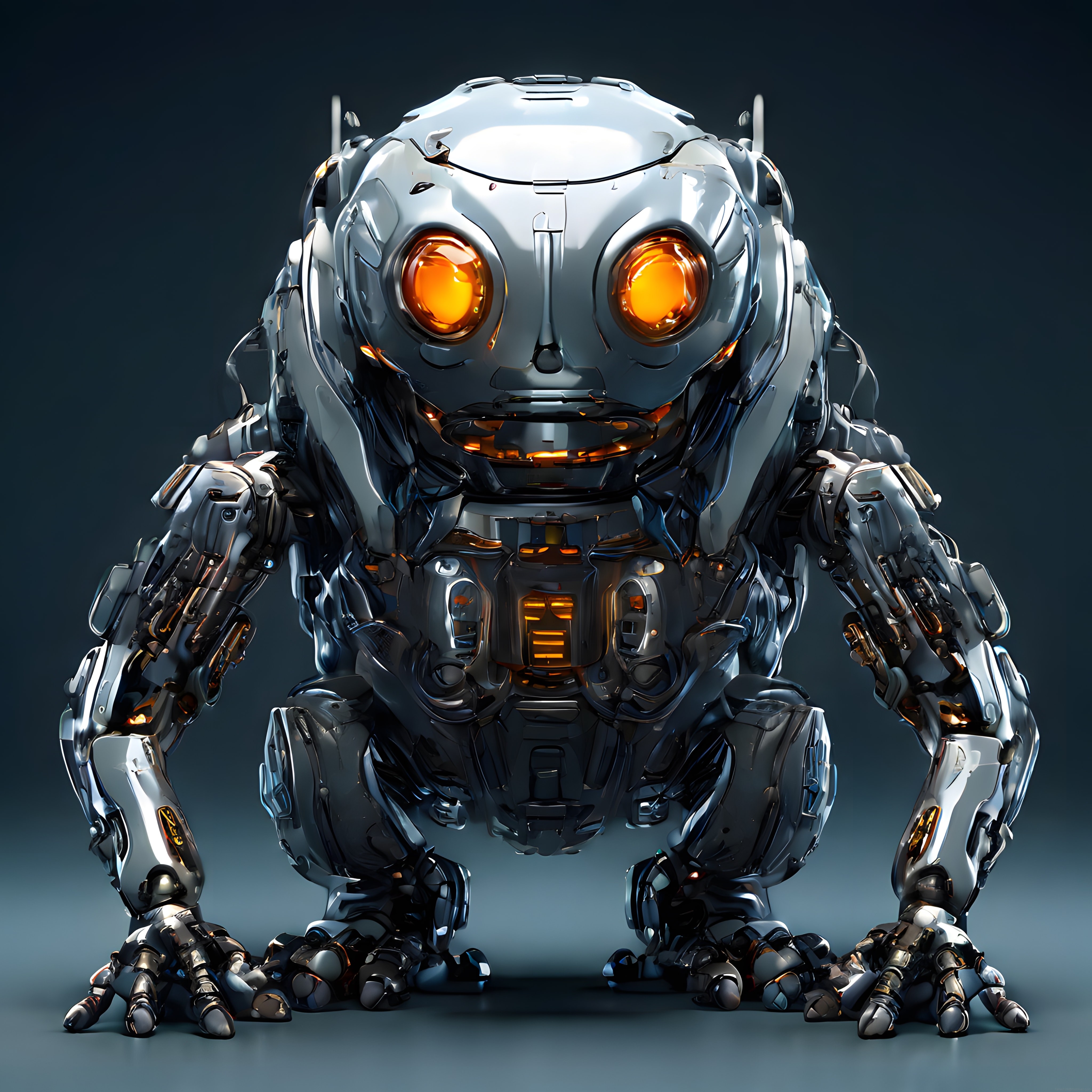 Parlak Turuncu Gözlü Gümüş Metalik İnsansı Robot ve İleri Teknoloji Tasarımı