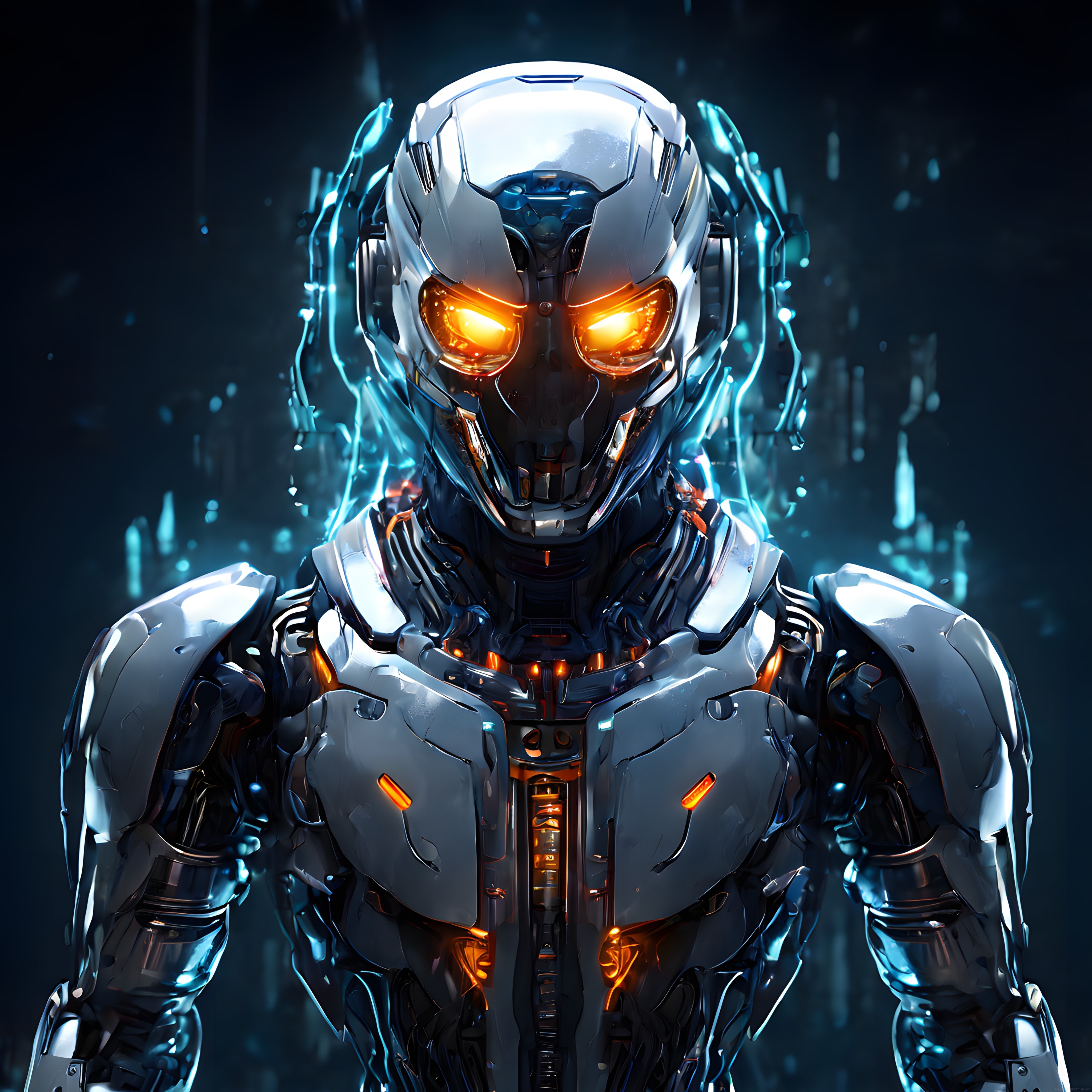 Parlak Turuncu Gözlü Gümüş Zırhlı Futuristik Cyborg Robot Portresi