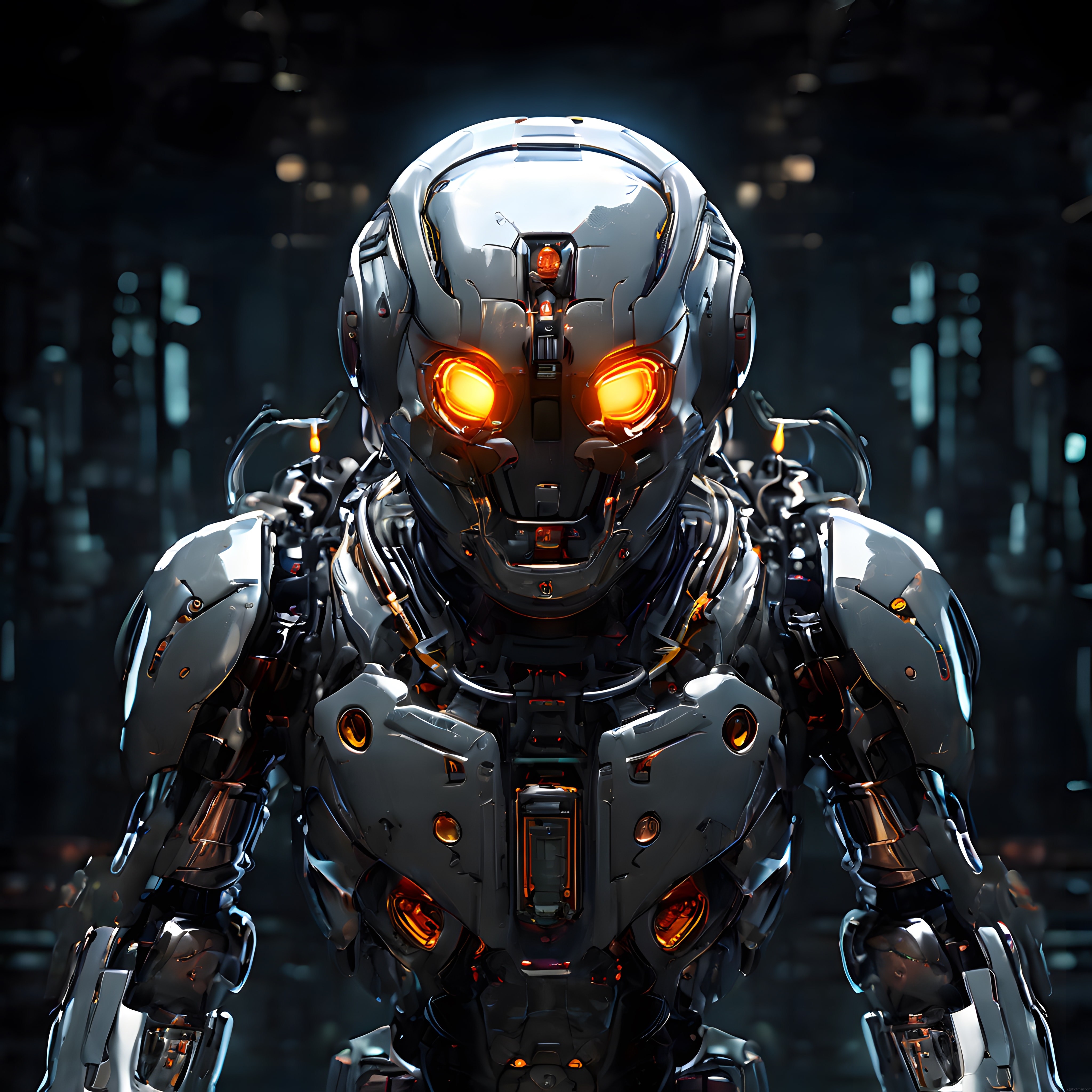 Parlak Turuncu Gözlü Metal İnsansı Robot ve Teknolojik Zırh Detayları