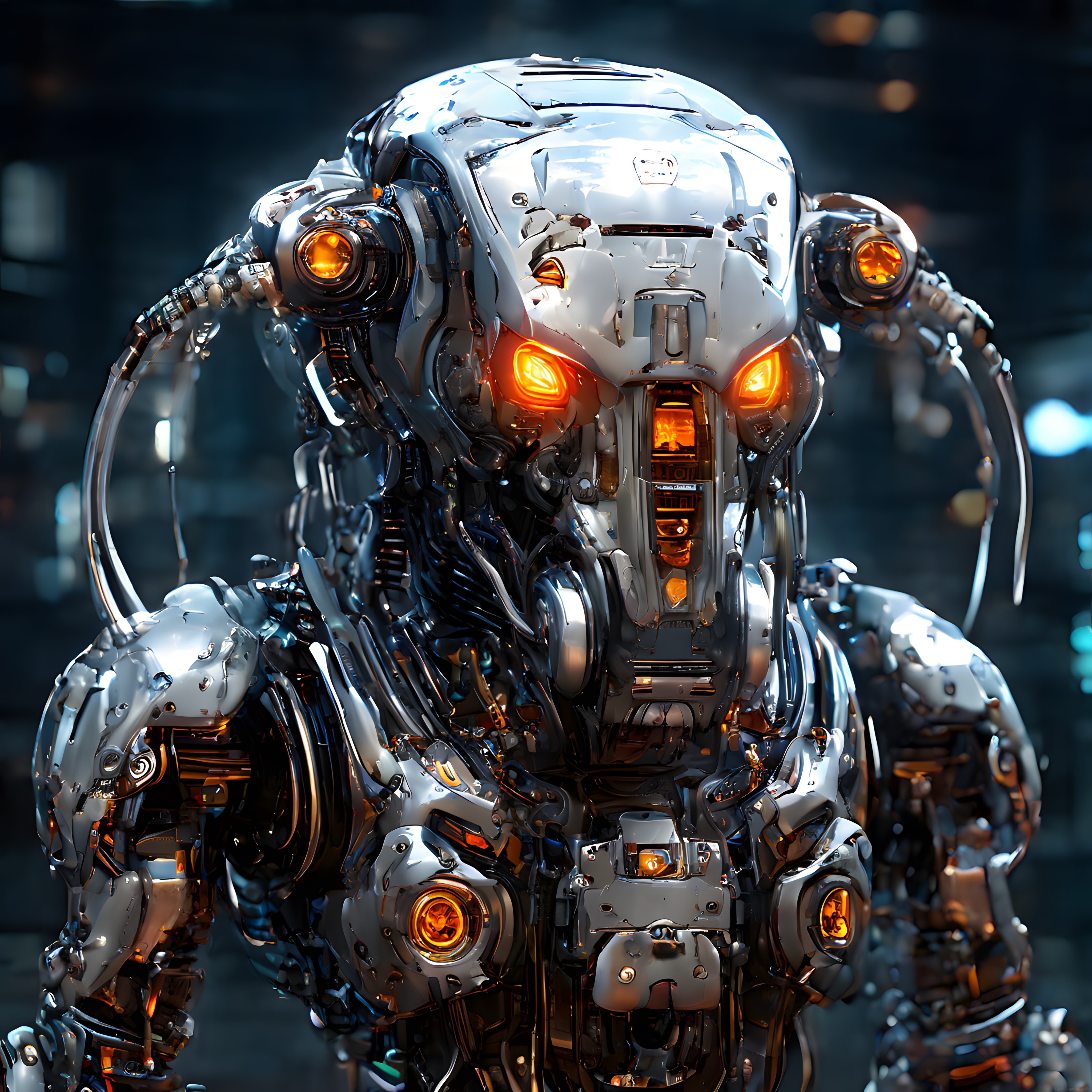 Parlak Turuncu LED Gözleriyle Agresif Gümüş Robot Başı ve Üst Gövdesi