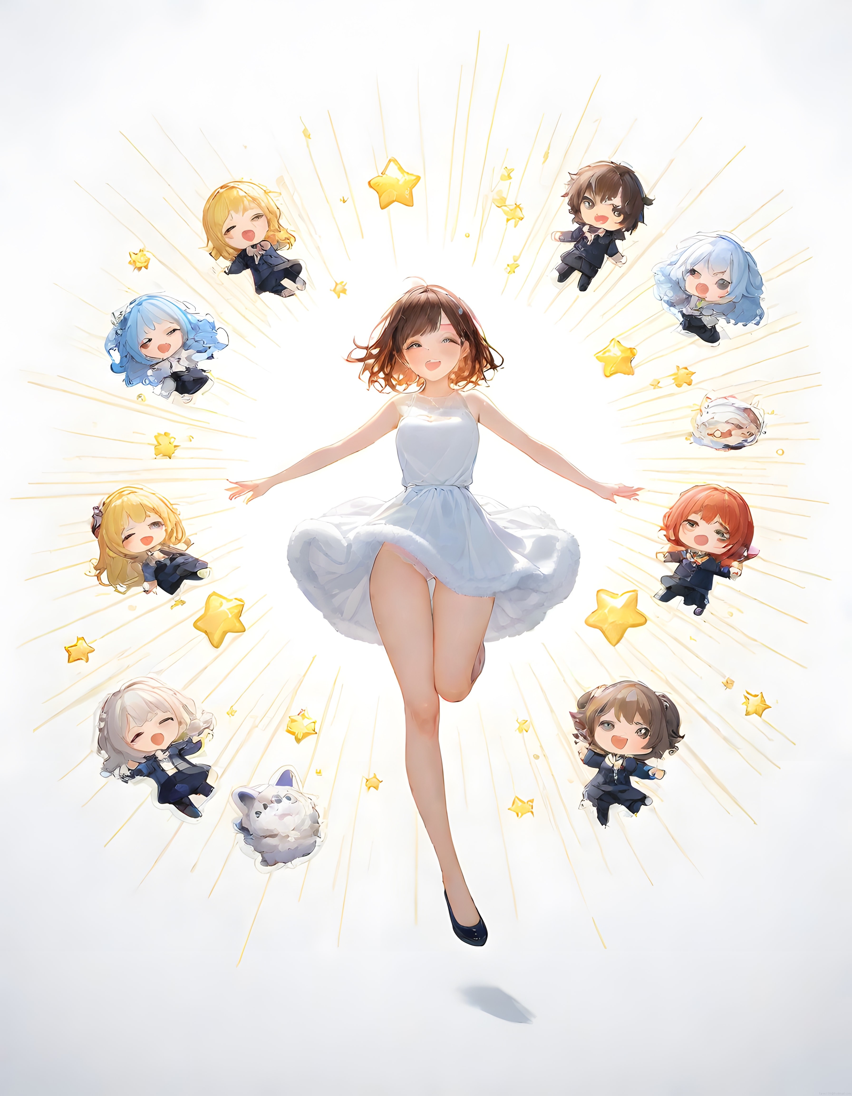 Parlak Yıldızlar Arasında Süzülen Anime Kız ve Sevimli Chibi Figürleri
