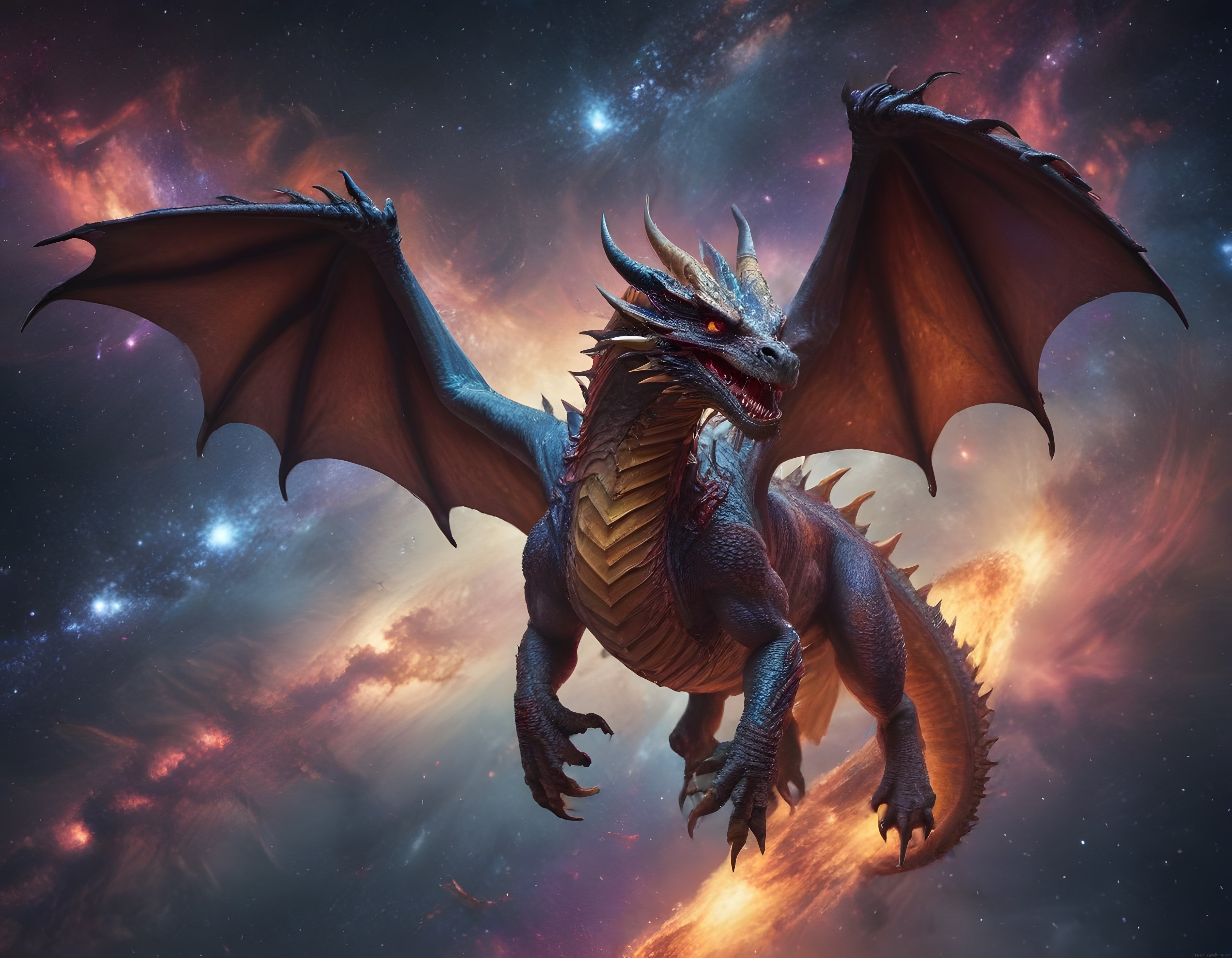 Parlak Yıldızlar ve Renkli Nebula Arasında Süzülen Efsanevi Ejderha