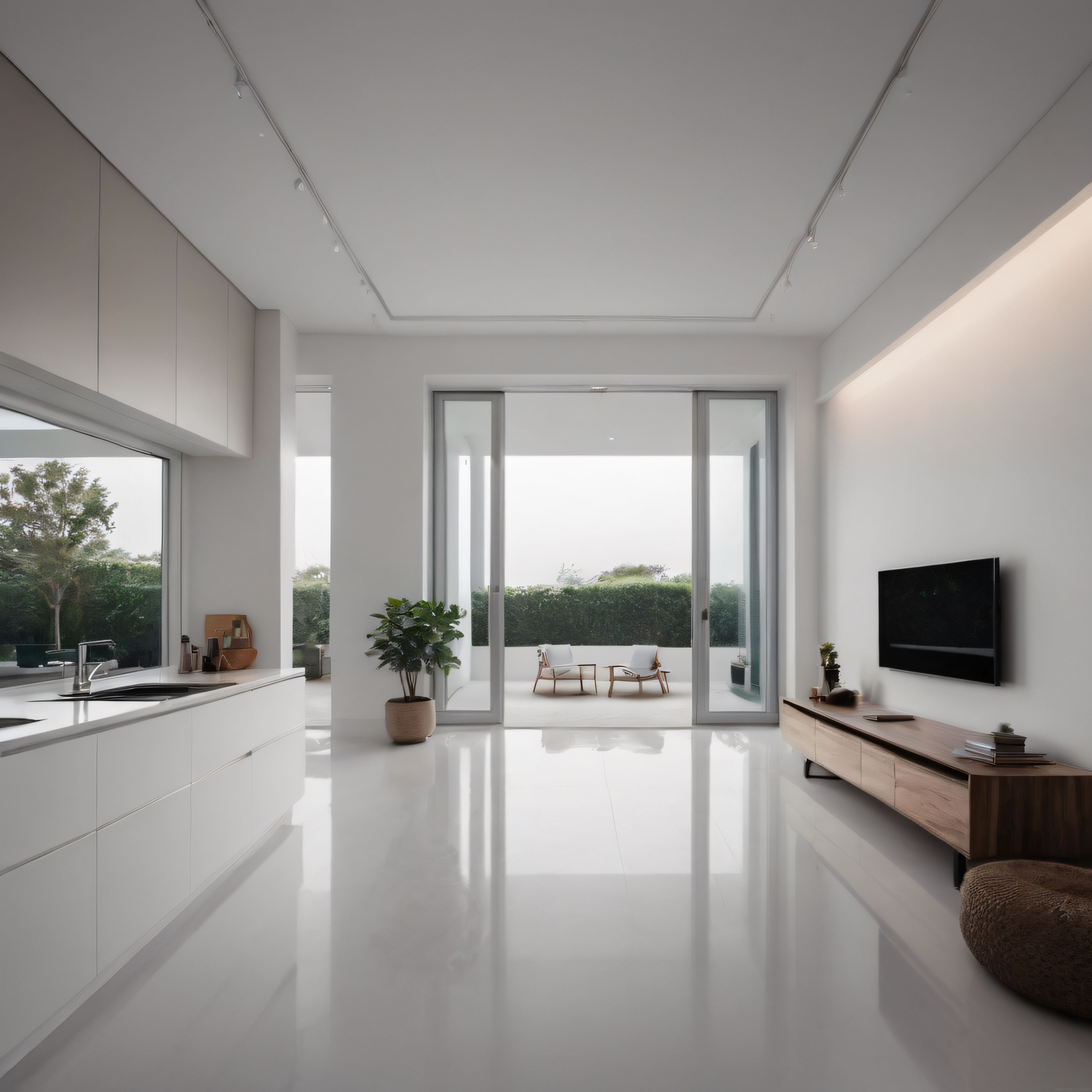 Parlak Zemini ve Açık Mutfak Planıyla Ferah Minimalist Ev İç Mekanı