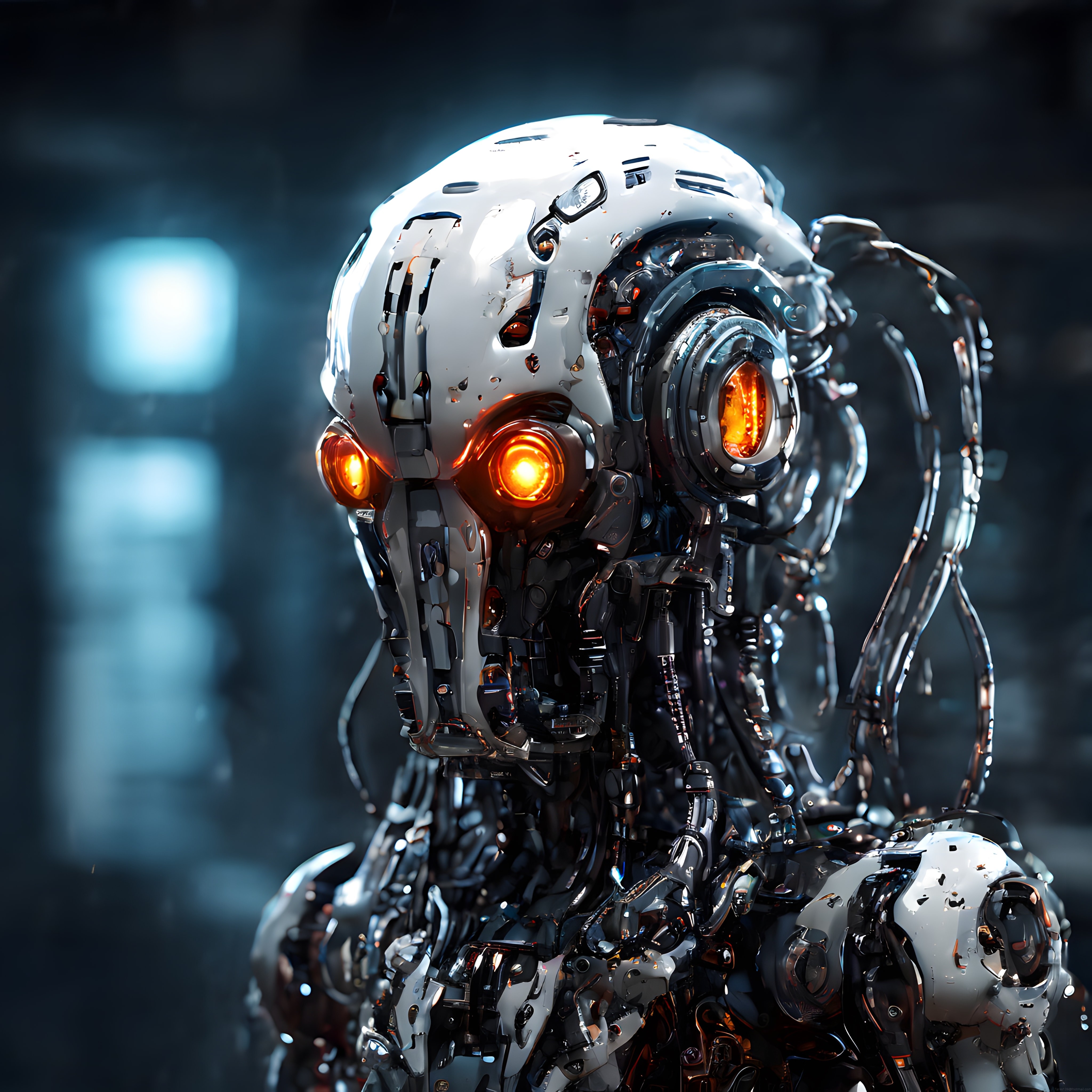 Parlayan Amber Gözleriyle Cyberpunk Robot ve Mekanik Detaylar