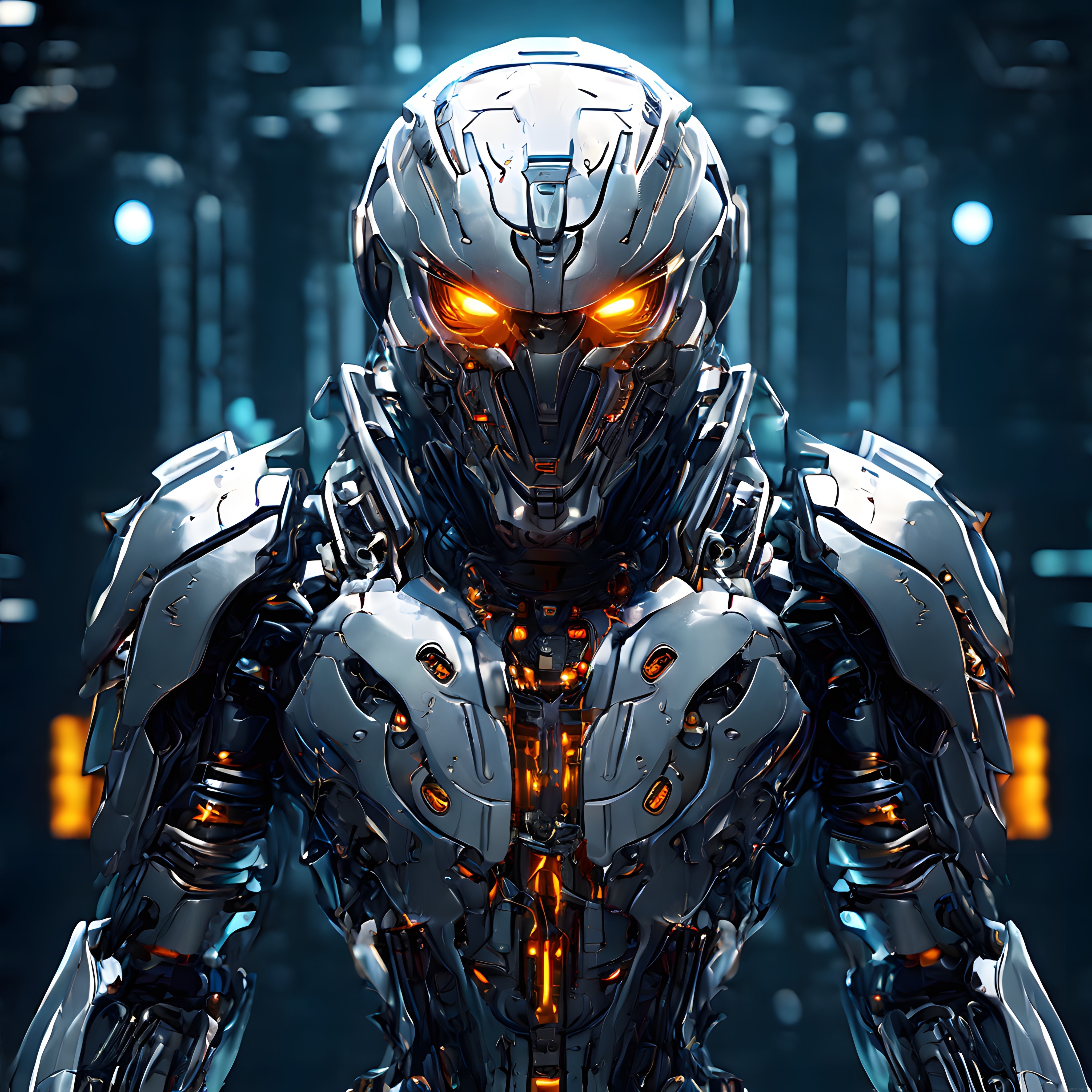 Parlayan Amber Gözleriyle Geleceğin Humanoid Robotu ve Gelişmiş Zırh Tasarımı