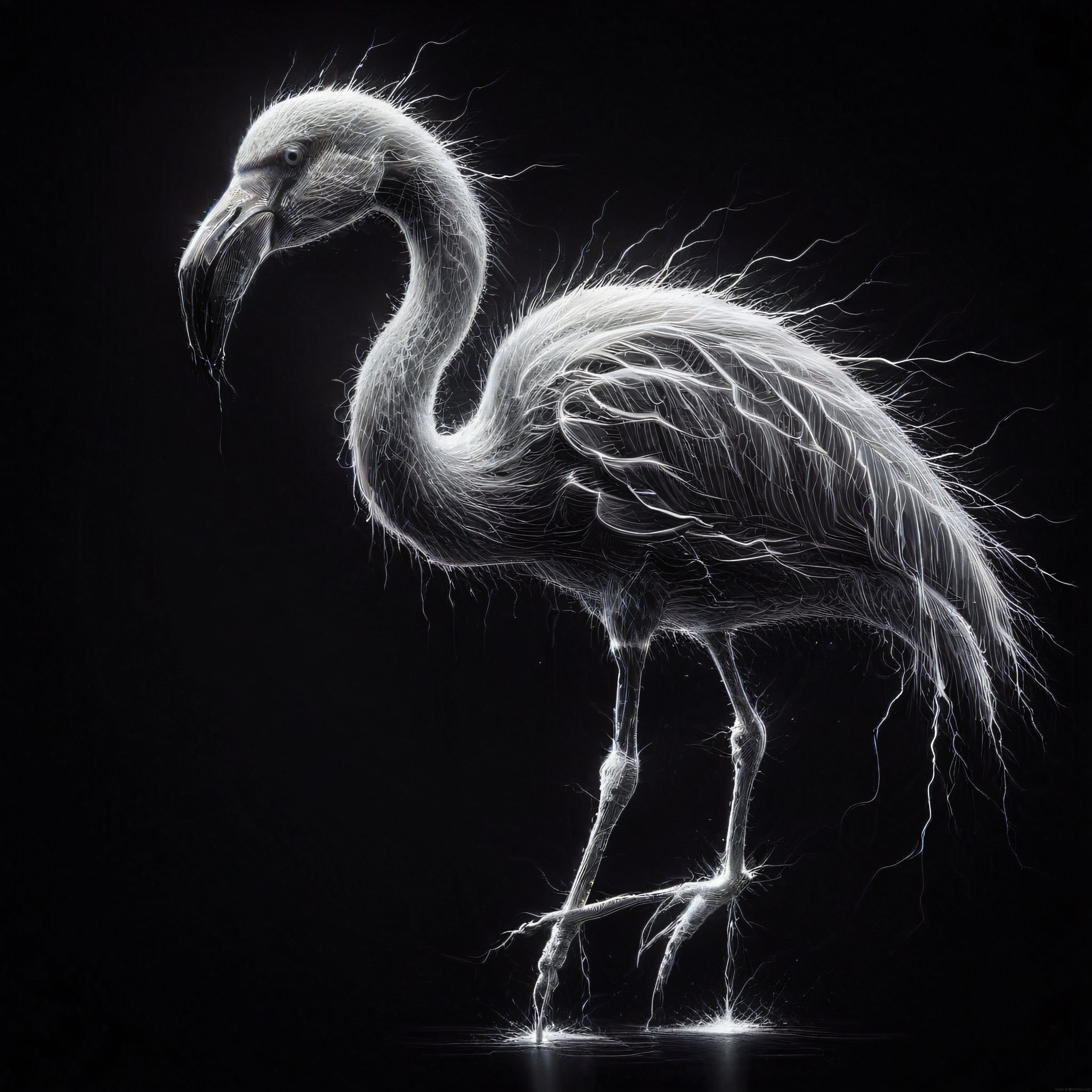 Parlayan Çizgilerle Oluşturulmuş Siyah Beyaz Flamingo Dijital Sanatı