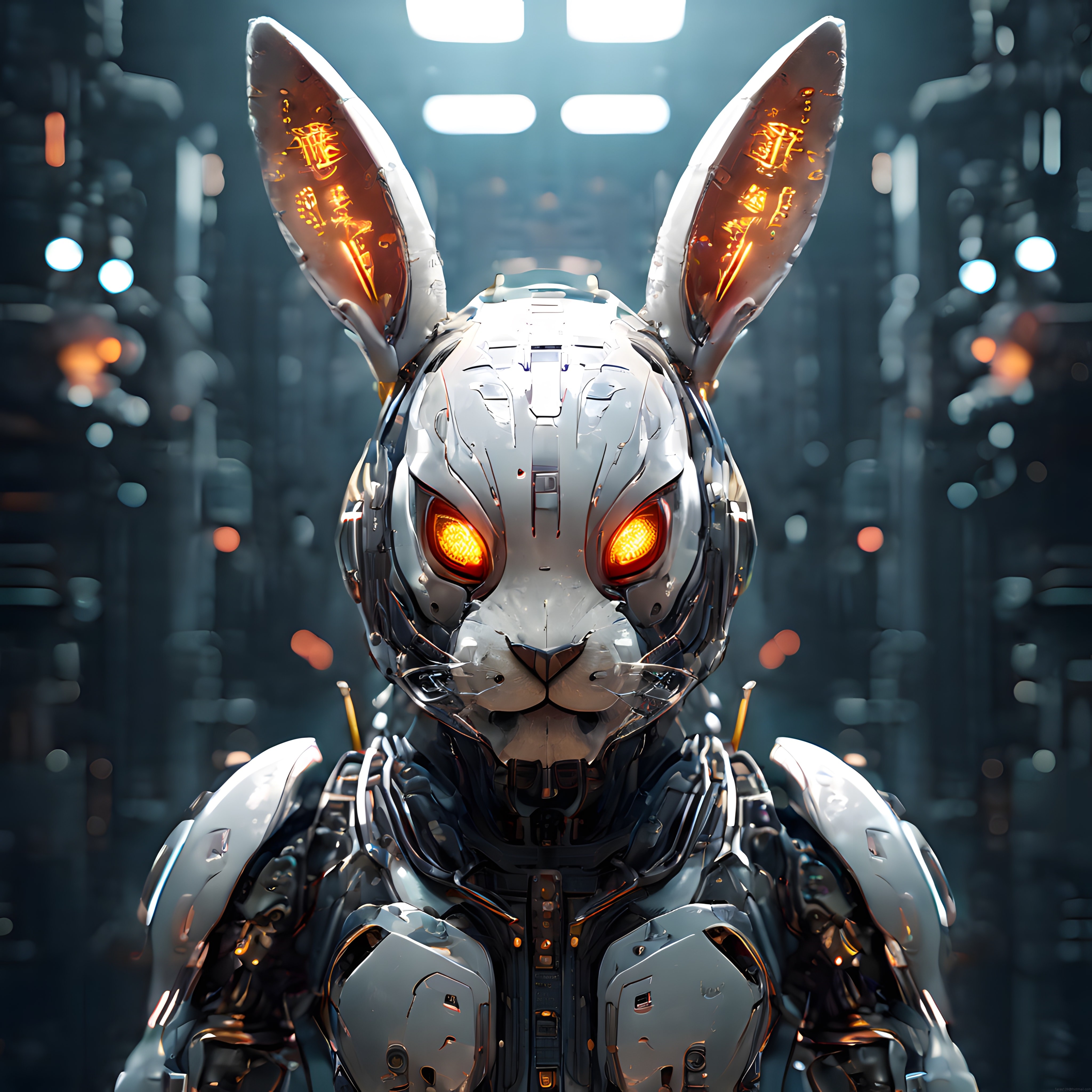 Parlayan Gözleriyle Metalik Tavşan Robot ve Fütüristik Cyberpunk Atmosfer