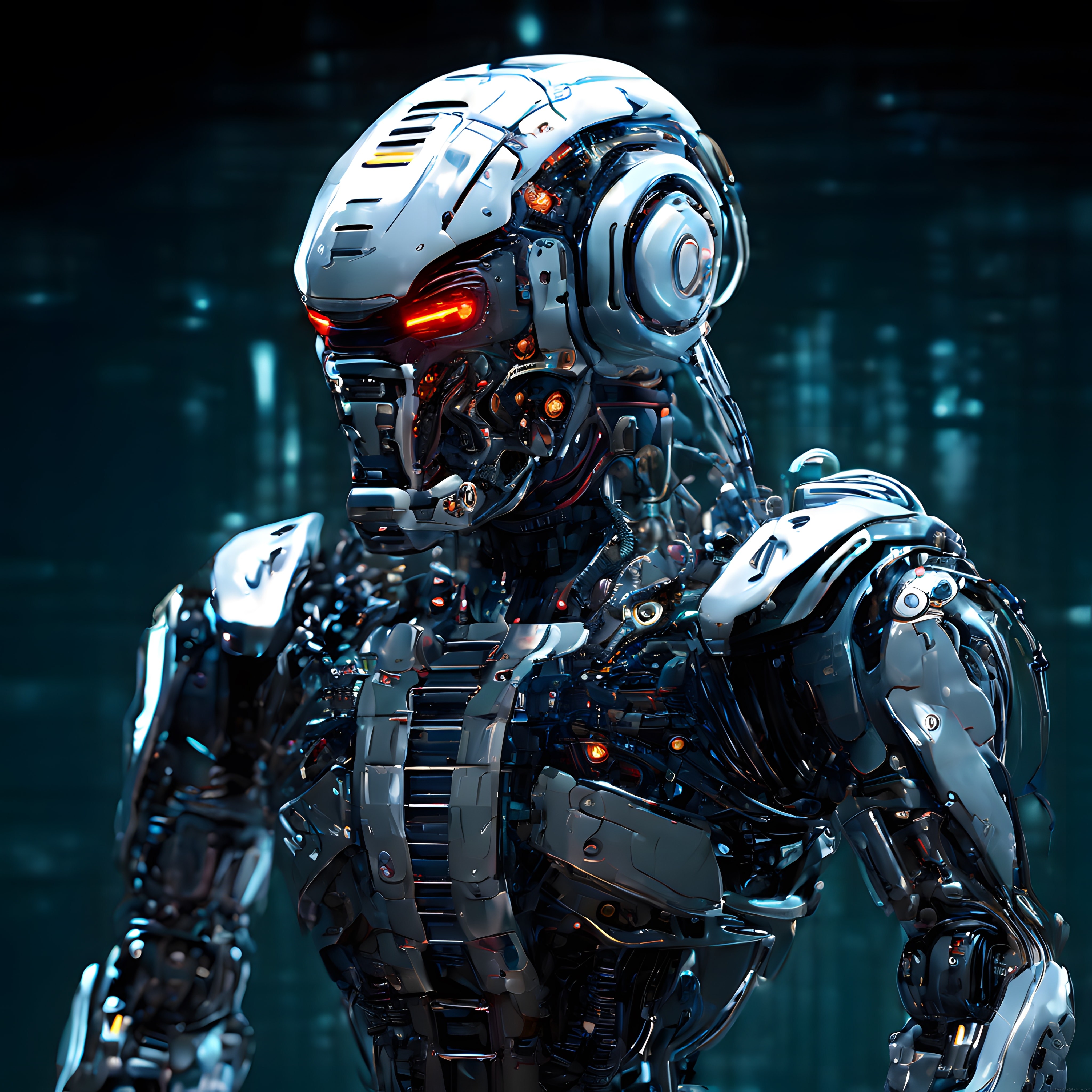 Parlayan kırmızı gözleriyle geleceğin insansı robotu ve uzay çağı tasarımı