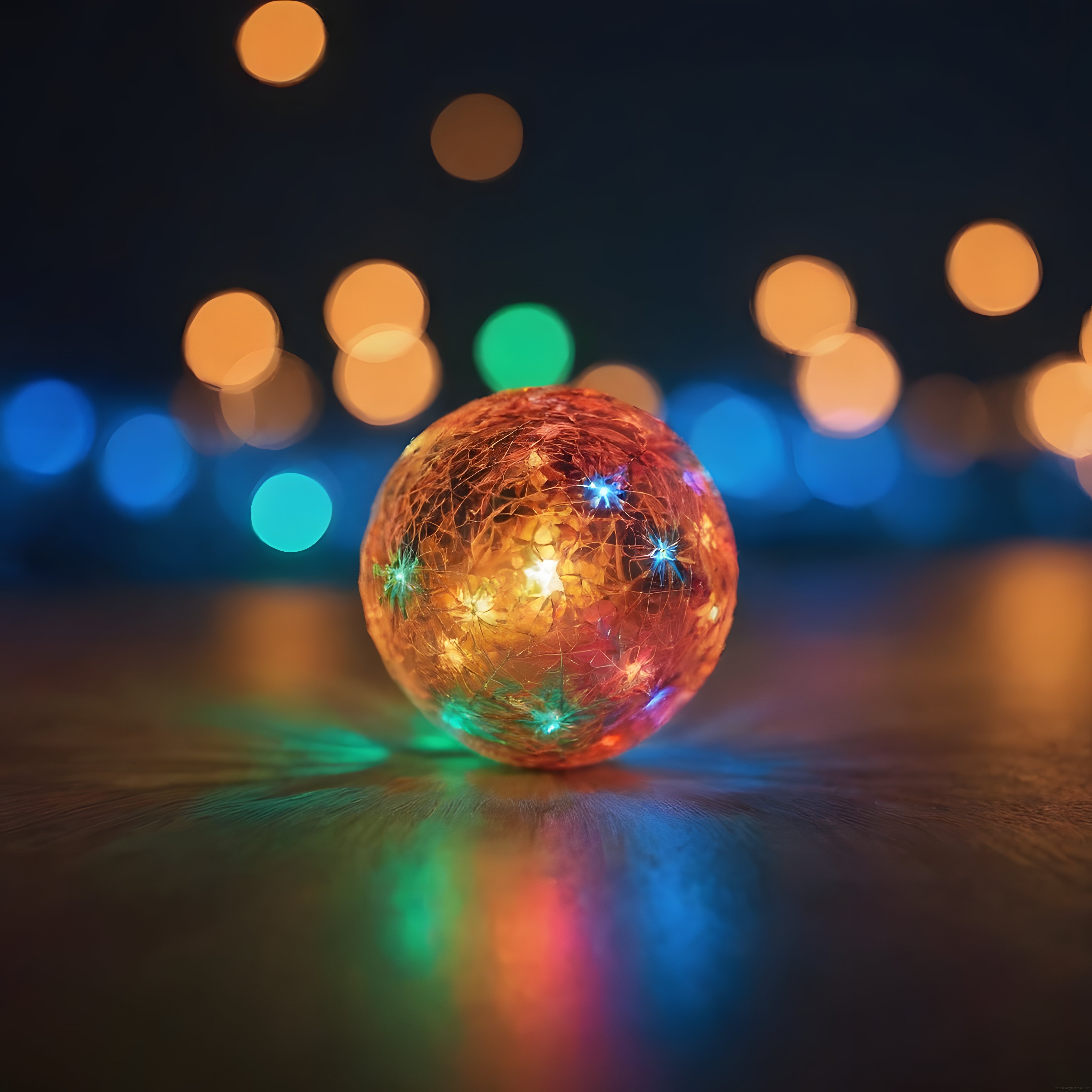 Parlayan Kristal Küre ve Renkli Bokeh Işıklarla Sihirli Gece Atmosferi