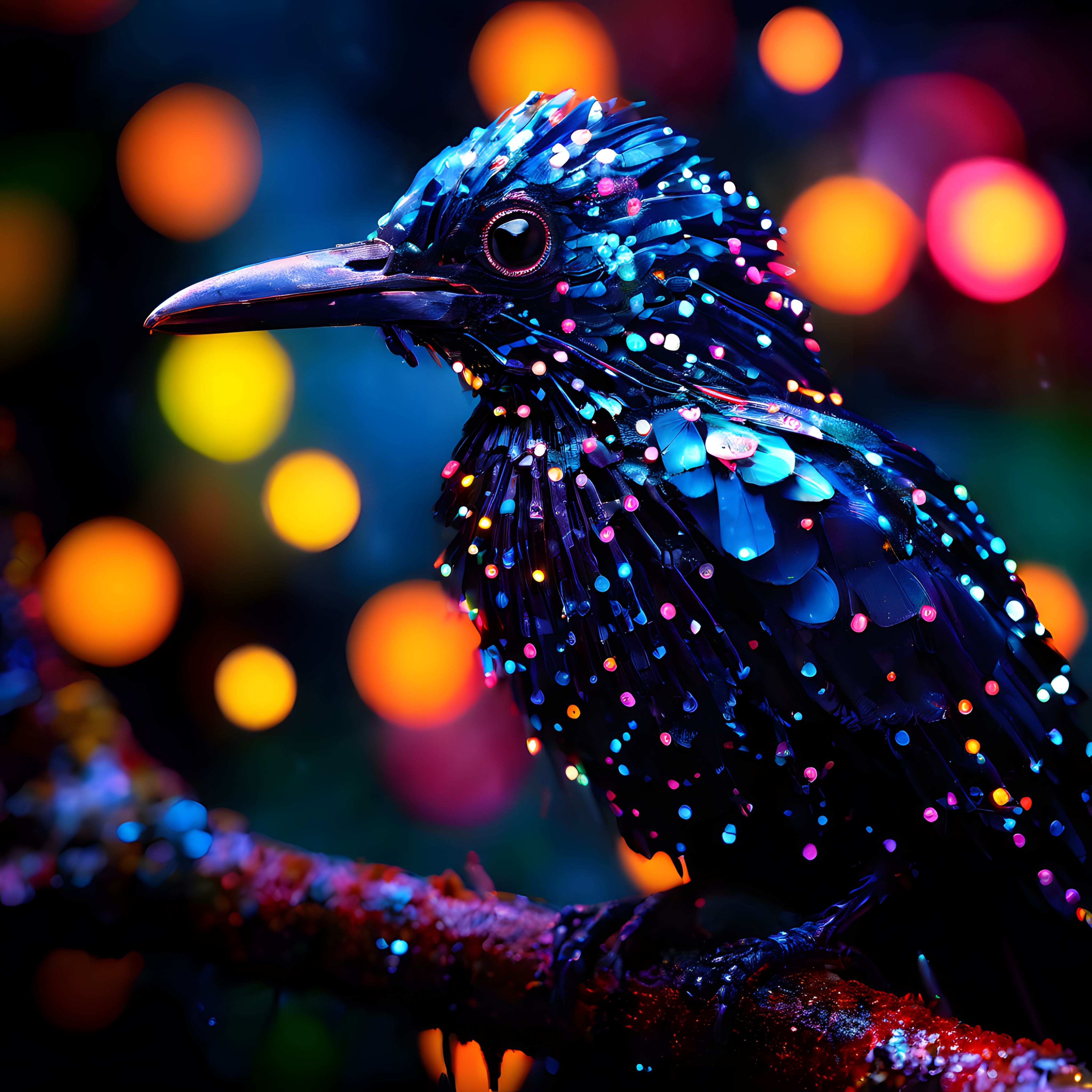 Parlayan kristal tüylerle süslenmiş sanatsal kuş figürü ve renkli bokeh ışıkları