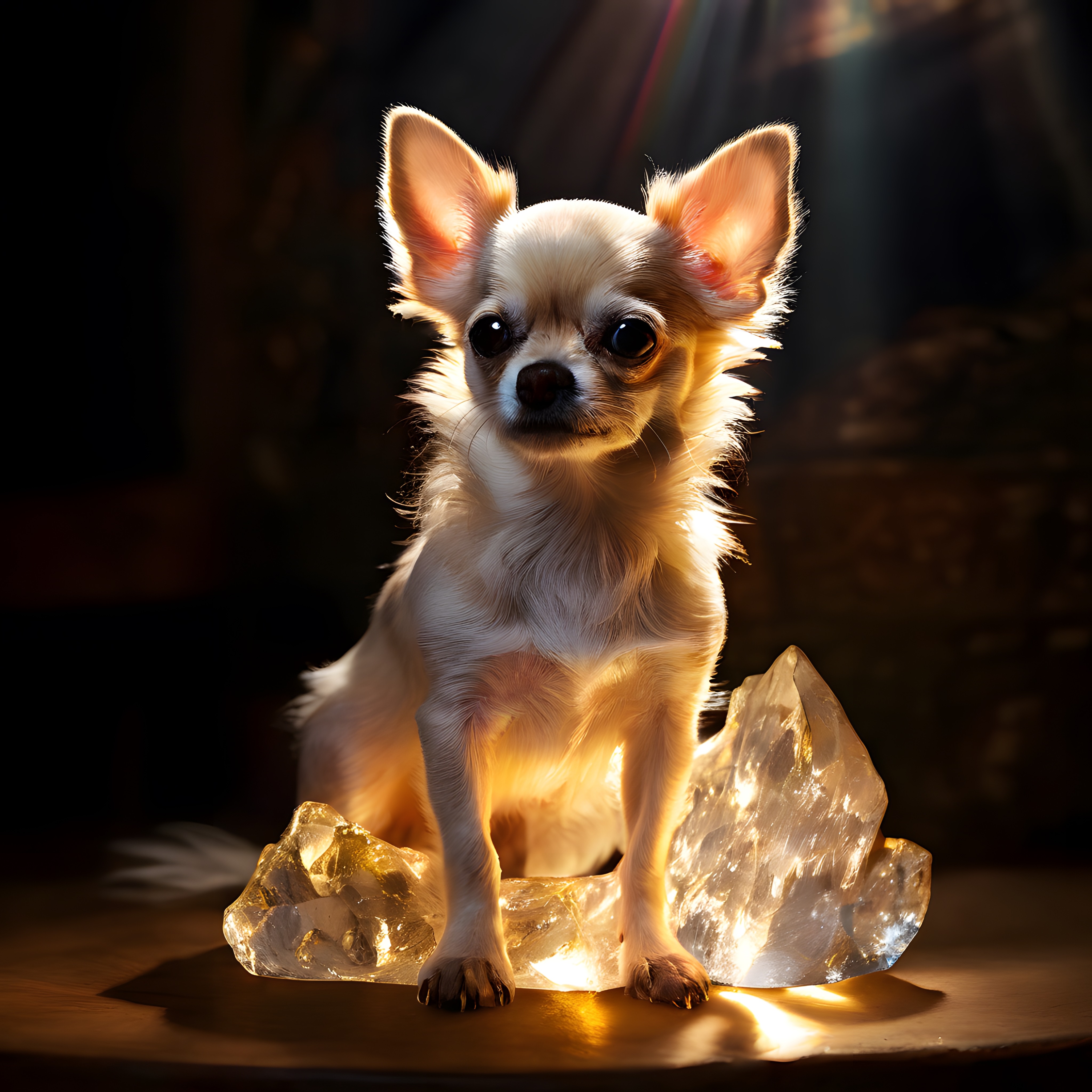 Parlayan kristal üzerinde oturan uzun tüylü Chihuahua köpek yavrusu portresi