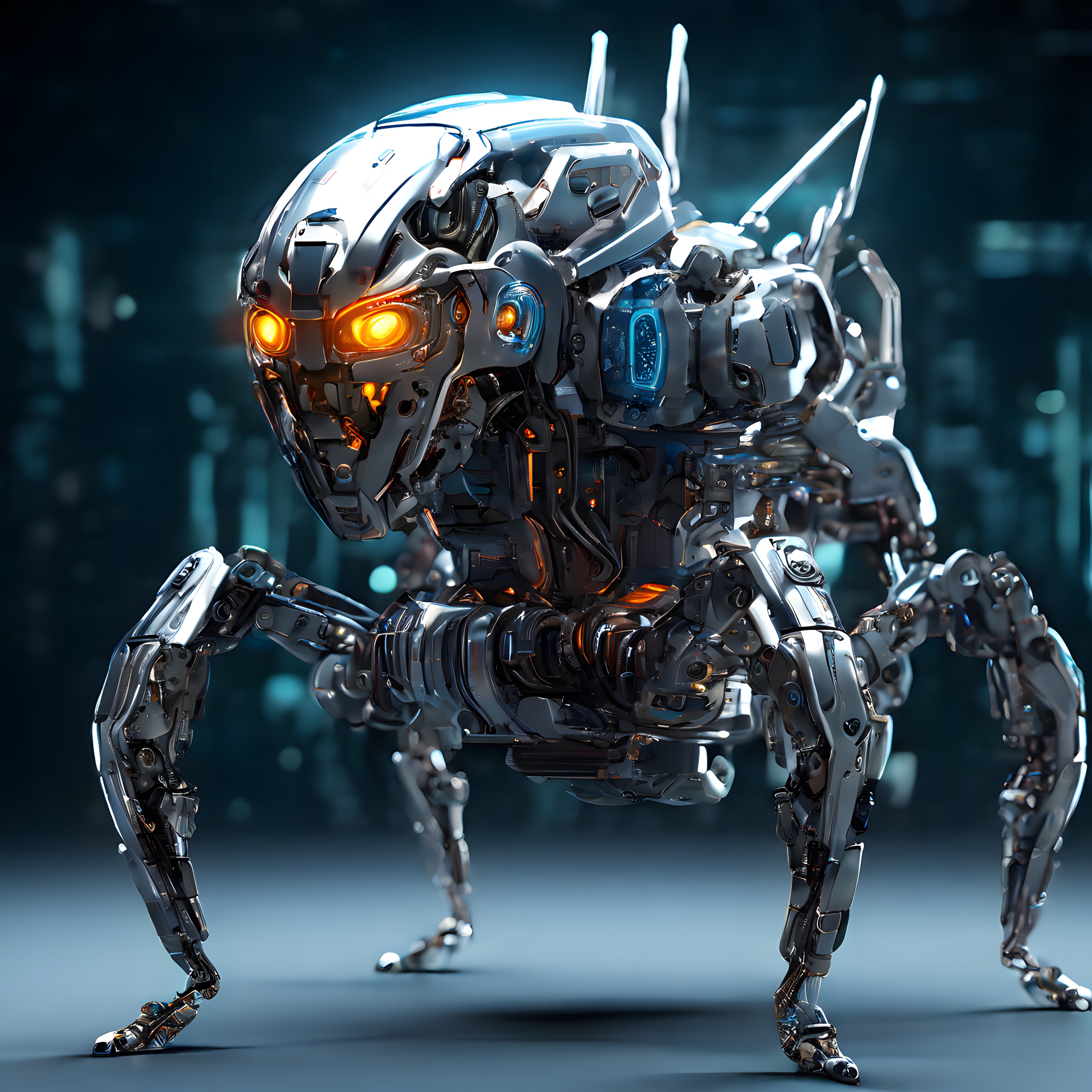 Parlayan Krom Zırhlı Turuncu Işıklı Mekanik Böcek Robot Tasarımı