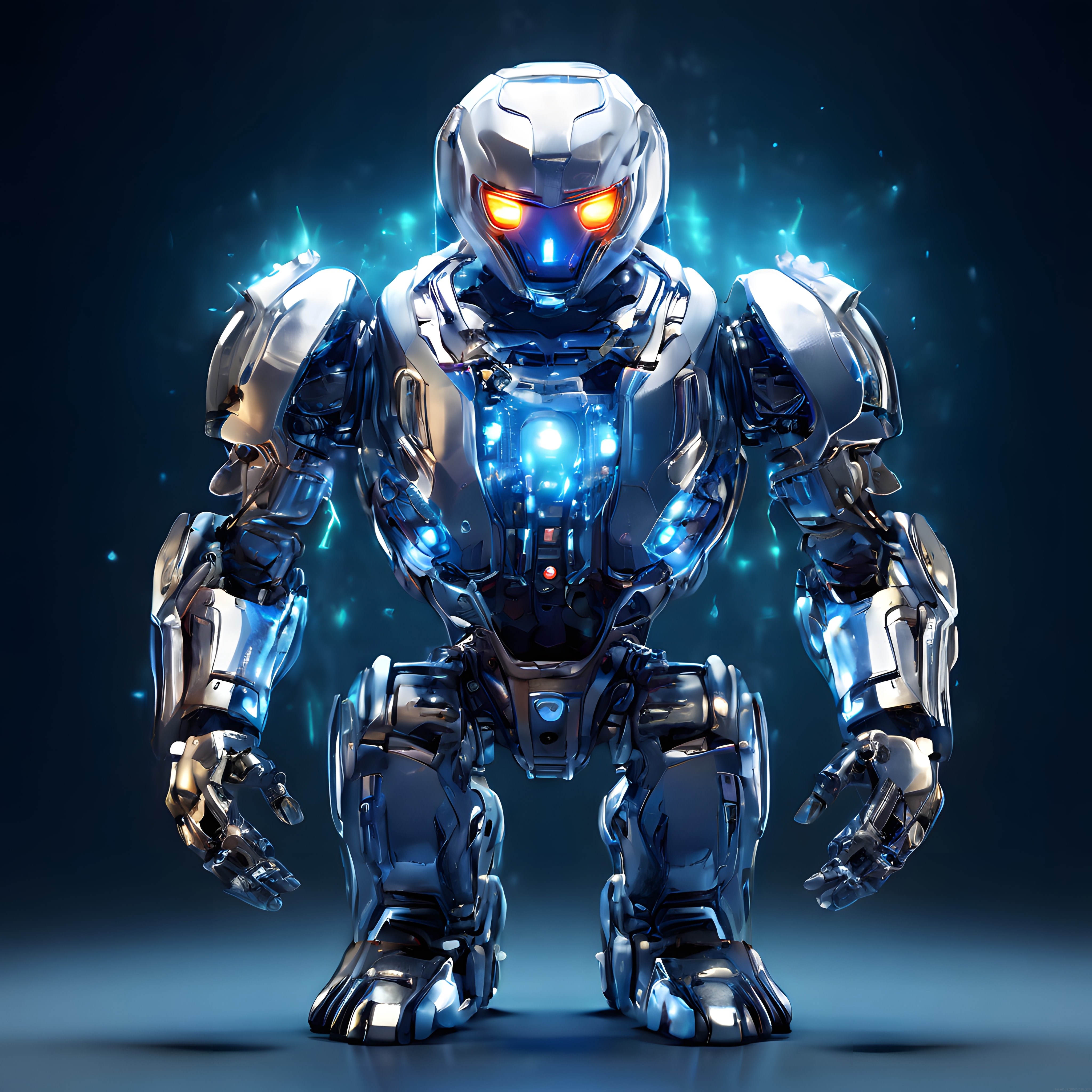 Parlayan Mavi Göğüslü Gümüş İnsansı Robot ve Gelecek Teknolojisi