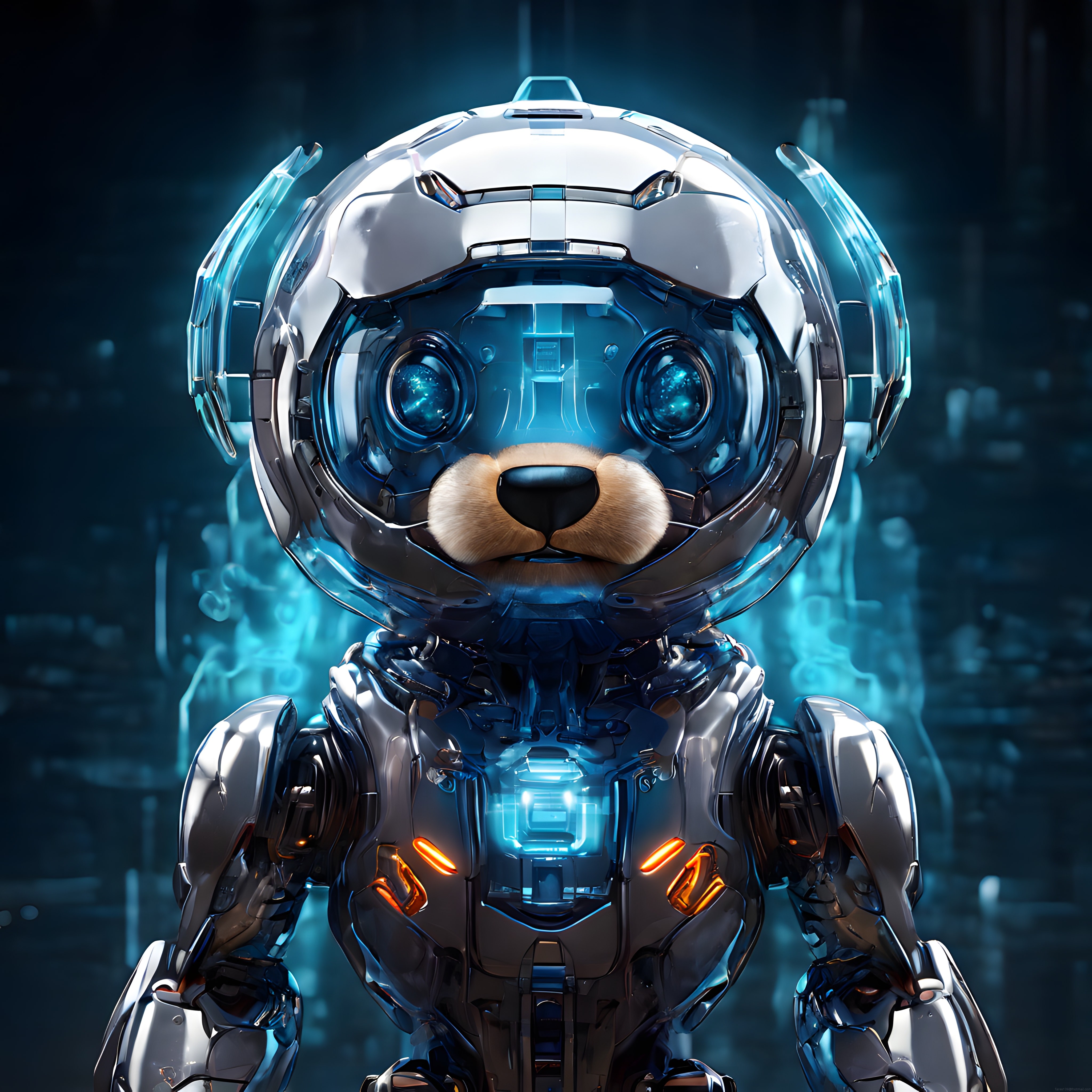 Parlayan Mavi Gözleriyle Cyberpunk Stili Metalik Robot Oyuncak Ayı