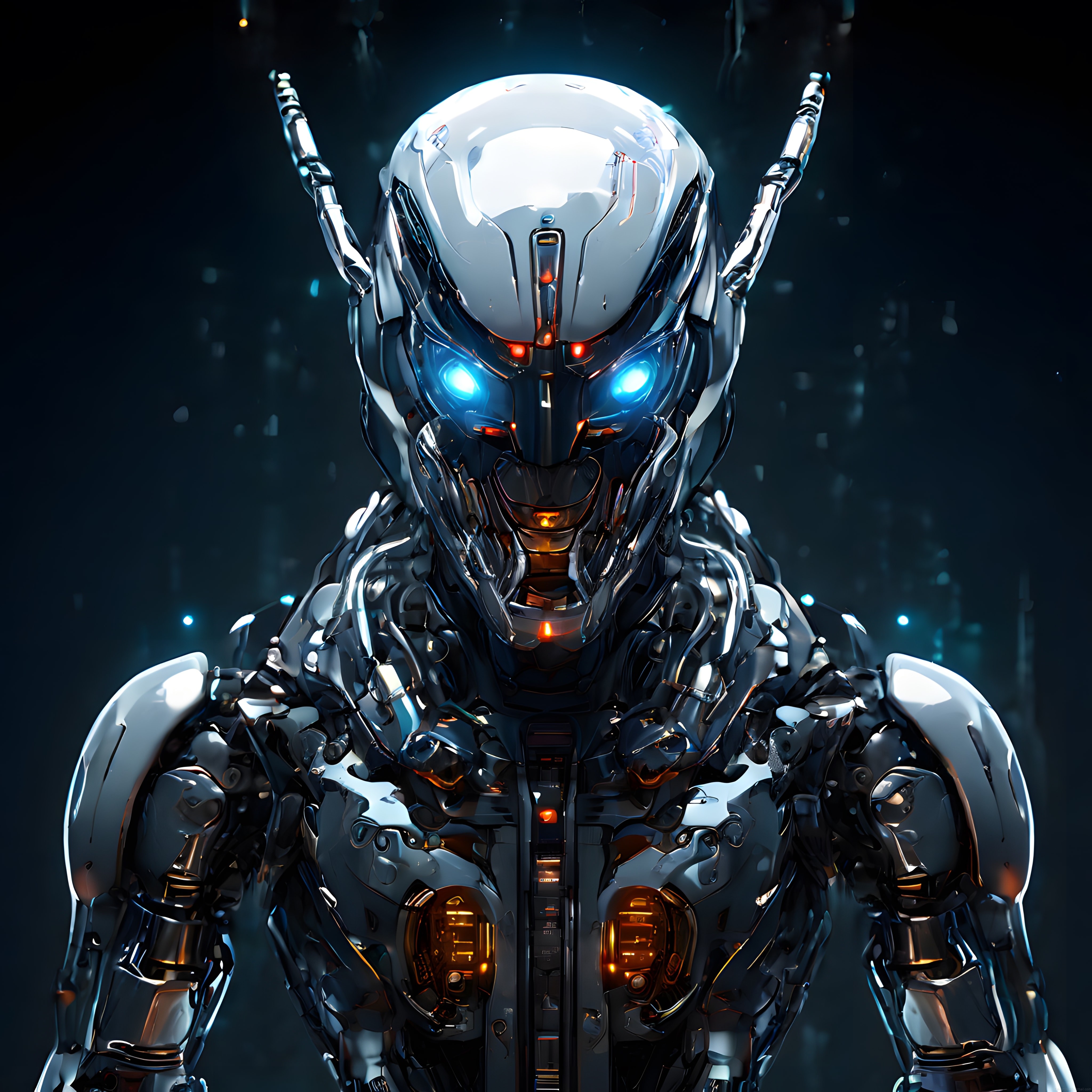 Parlayan Mavi Gözleriyle Geleceğin Krom Robot Muhafızı Portresi