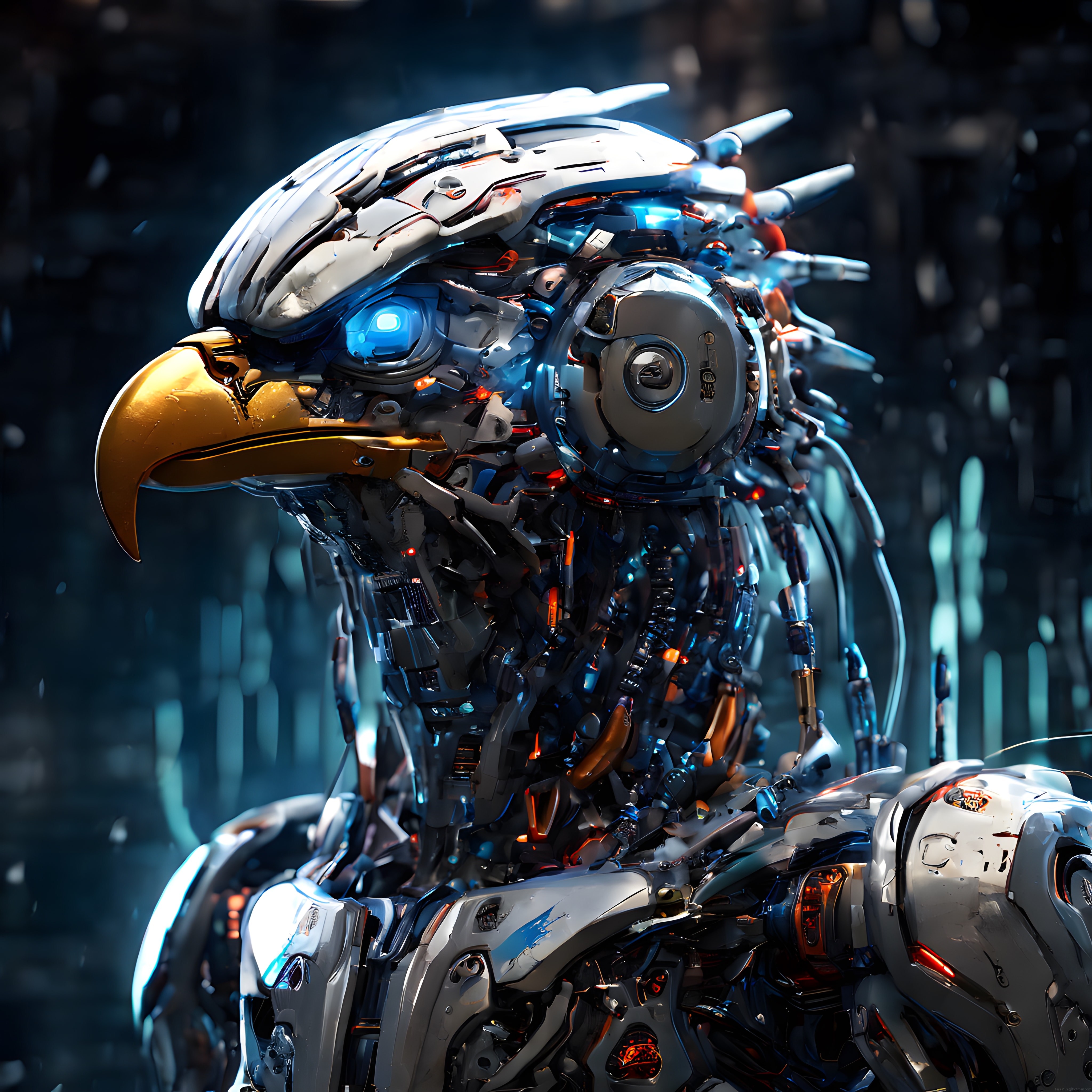 parlayan metal gövdesiyle altın gagalı cyberpunk mekanik kartal robot