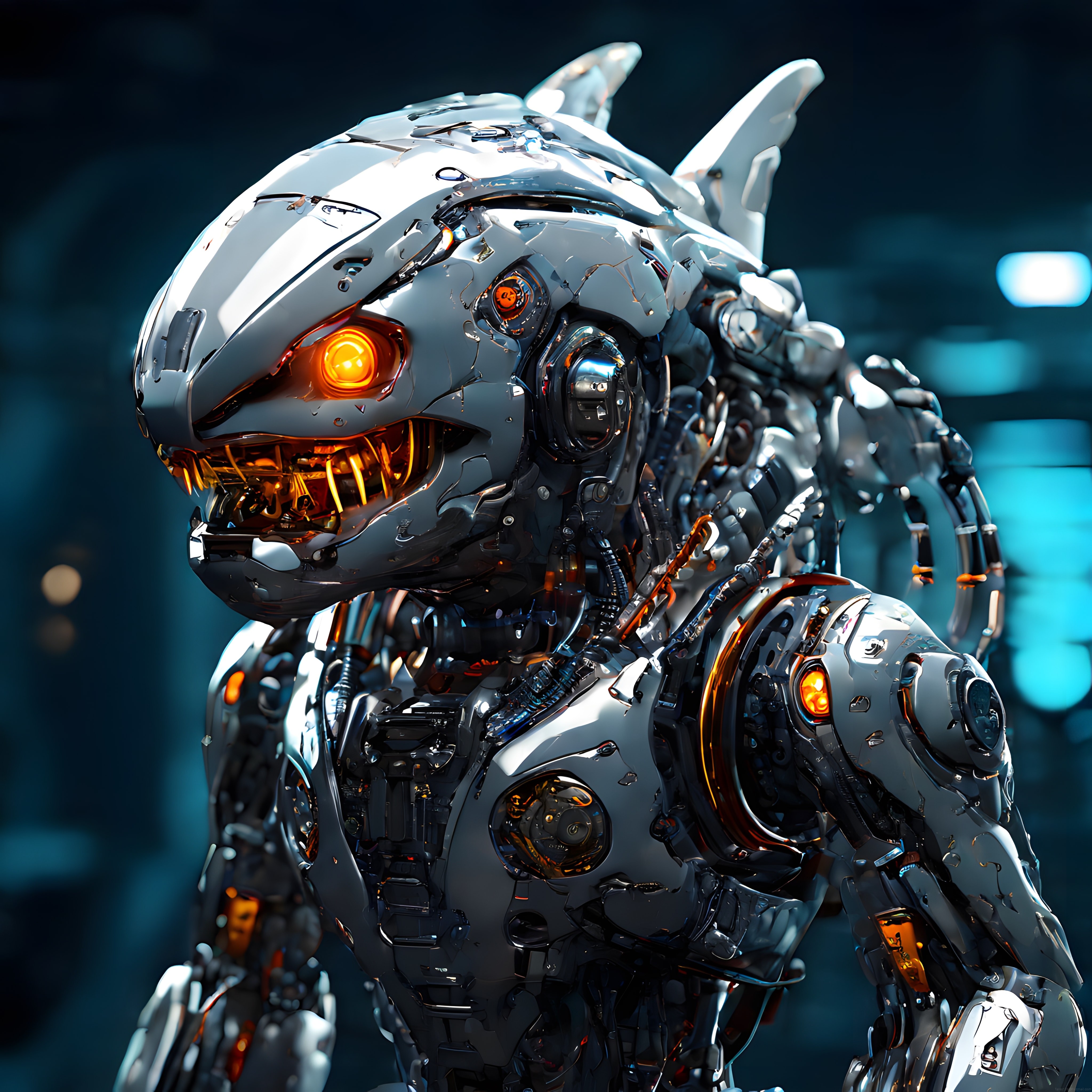 Parlayan Turuncu Gözleriyle Fütüristik Metal Canavar: Cyberpunk Robot Tasarımı