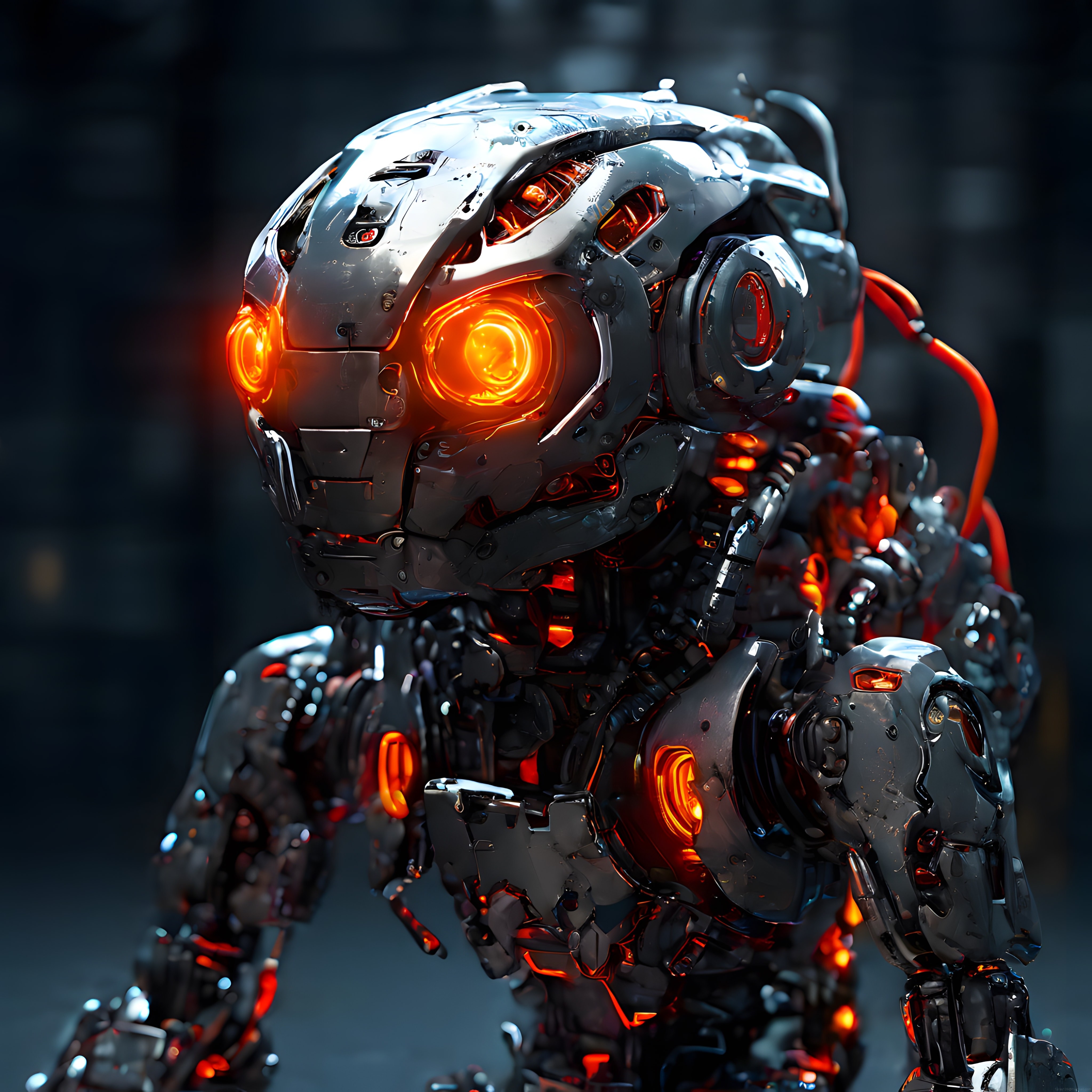 Parlayan Turuncu Gözleriyle Fütüristik Metal İnsansı Robot Portresi