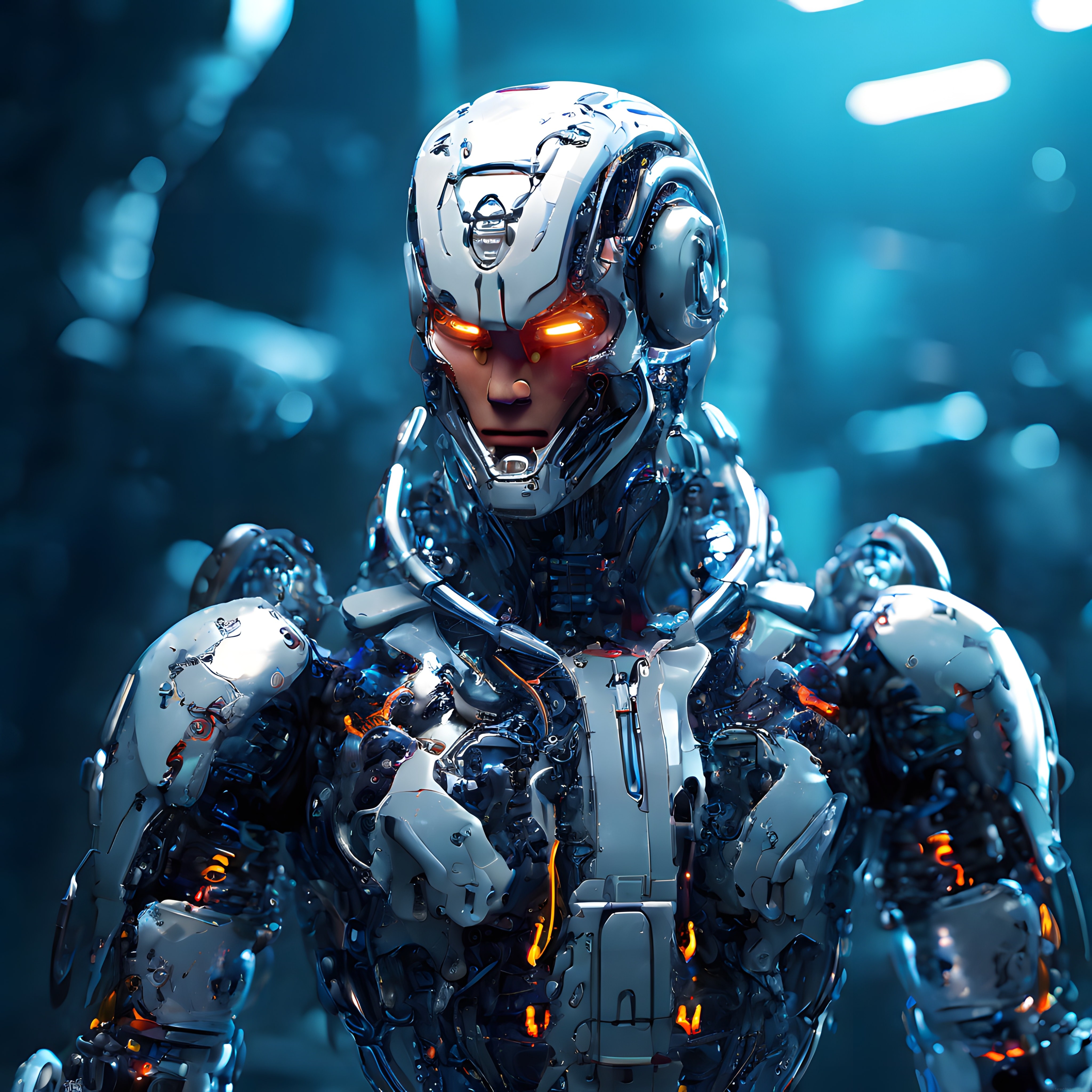Parlayan Turuncu Gözleriyle Geleceğin Beyaz Zırhlı Cyborg Savaşçısı