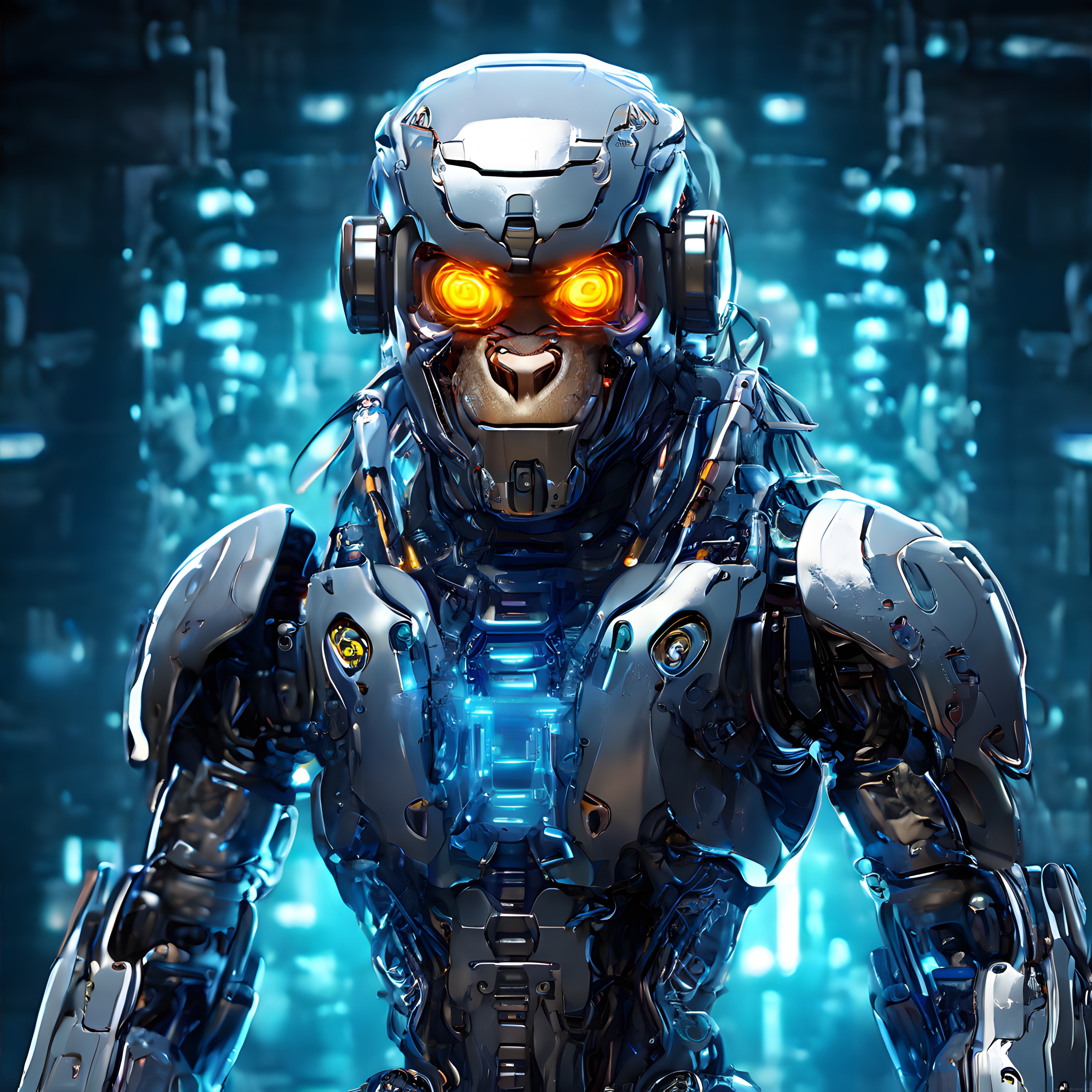 Parlayan Turuncu Gözleriyle Geleceğin Chrome Cyborg Savaşçısı Dijital Tasarım