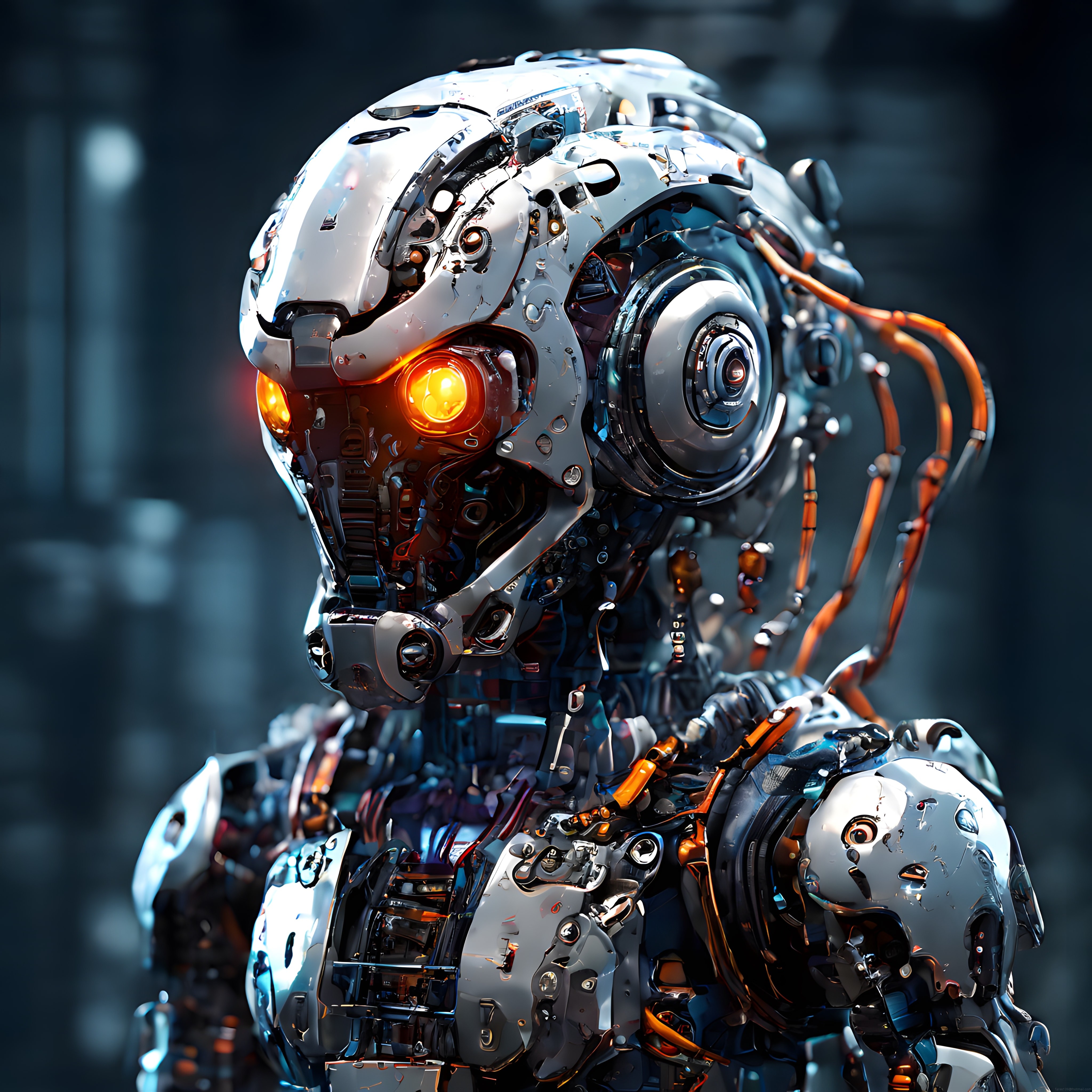 Parlayan Turuncu Gözleriyle Geleceğin İnsansı Robotu ve Mekanik Detaylar