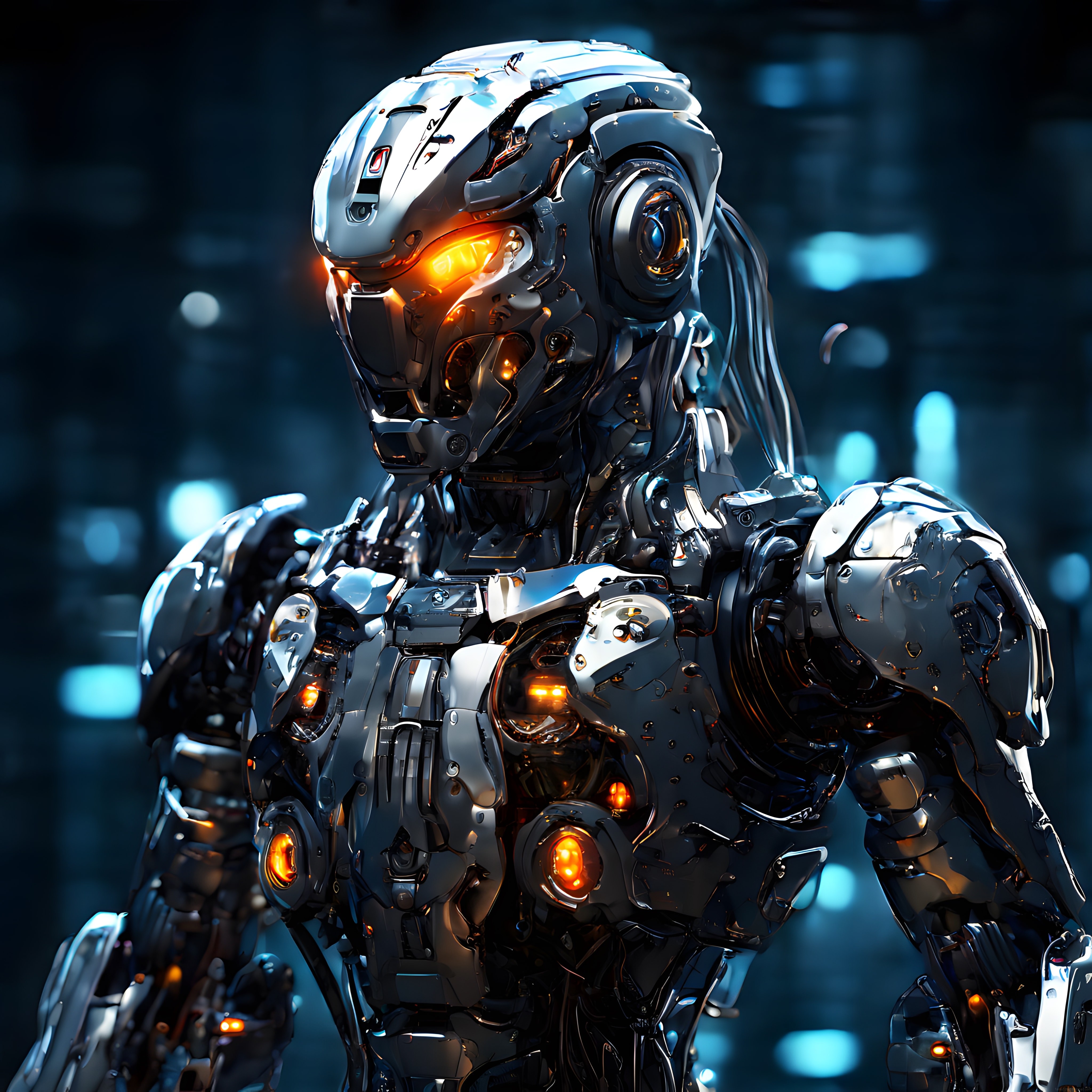 Parlayan Turuncu Gözleriyle Geleceğin Metal Cyborg Robotunun Teknolojik Zırhı