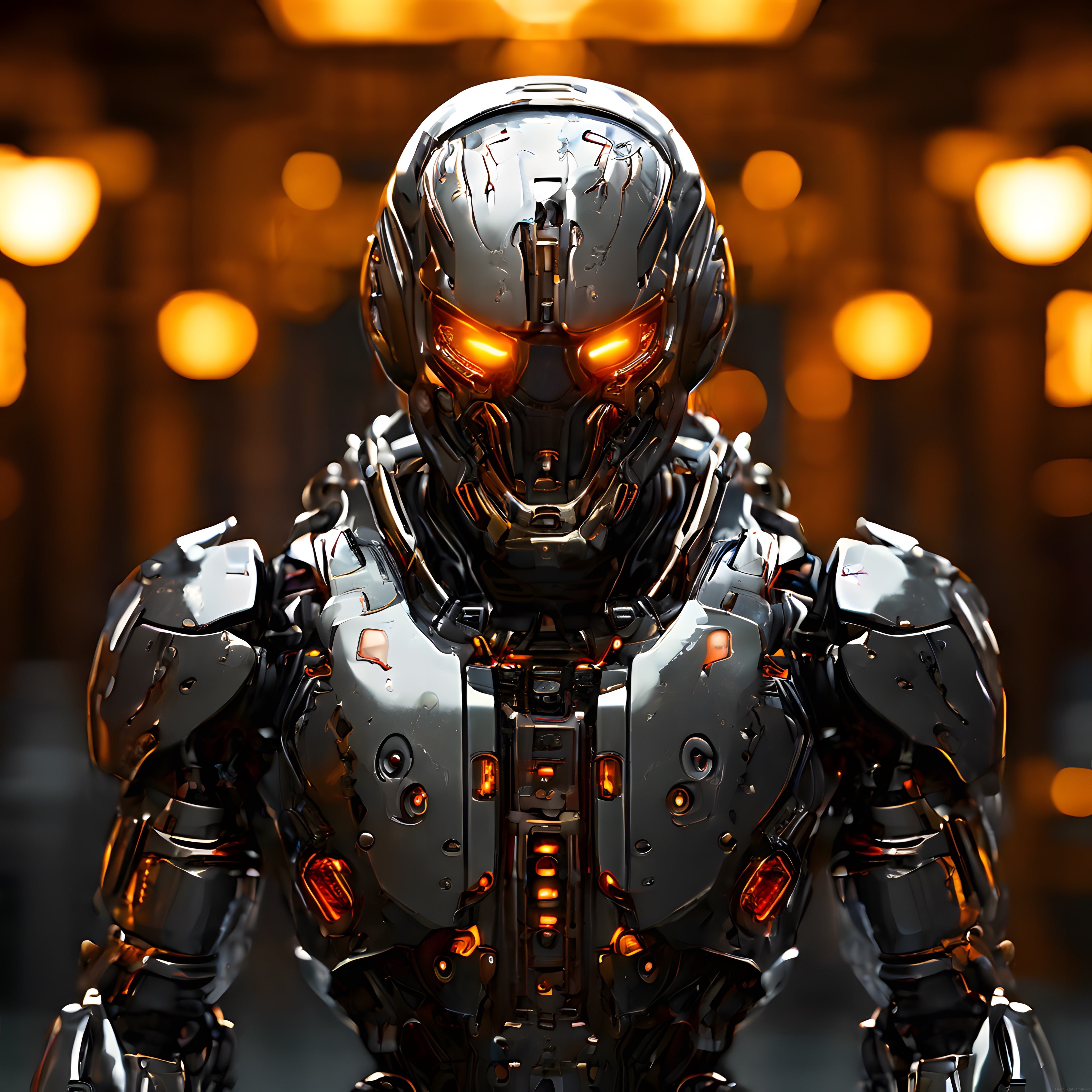 Parlayan Turuncu Gözleriyle Krom Zırhlı Gelecek Nesil Robot Portresi