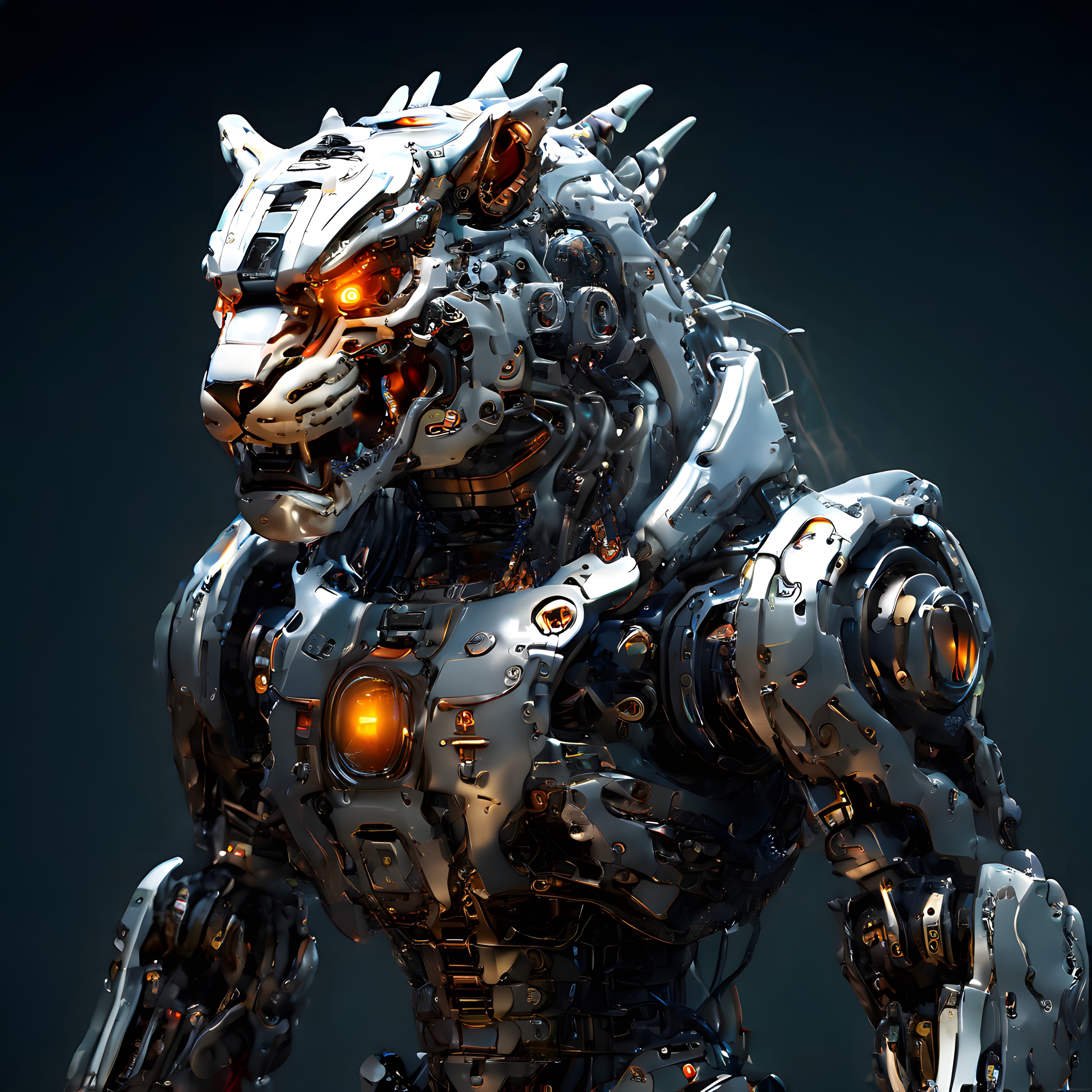Parlayan Turuncu Gözleriyle Metal Gövdeli Fütüristik Aslan Robot