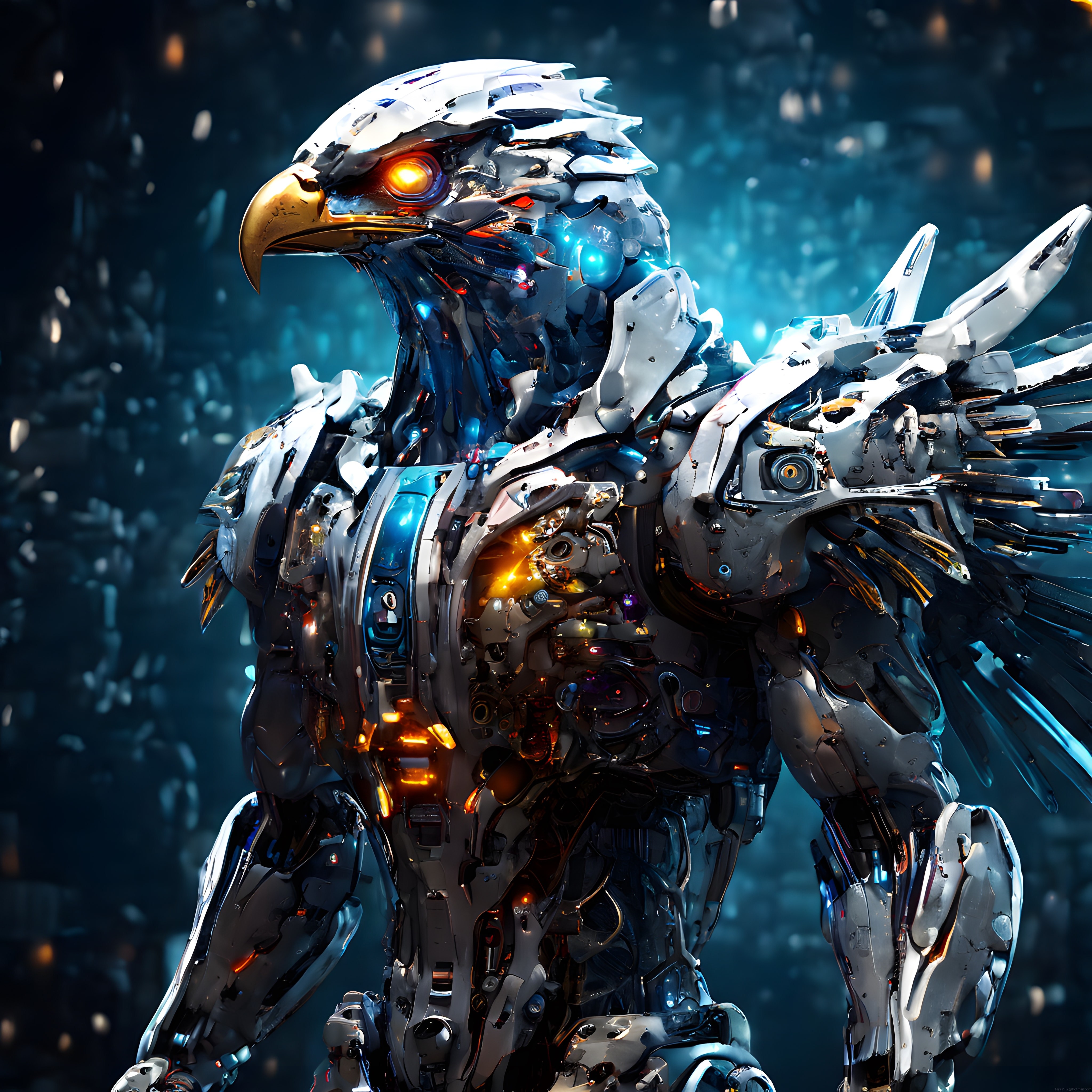 Parlayan Turuncu Gözleriyle Metal Mekanik Kartal Robot Portresi