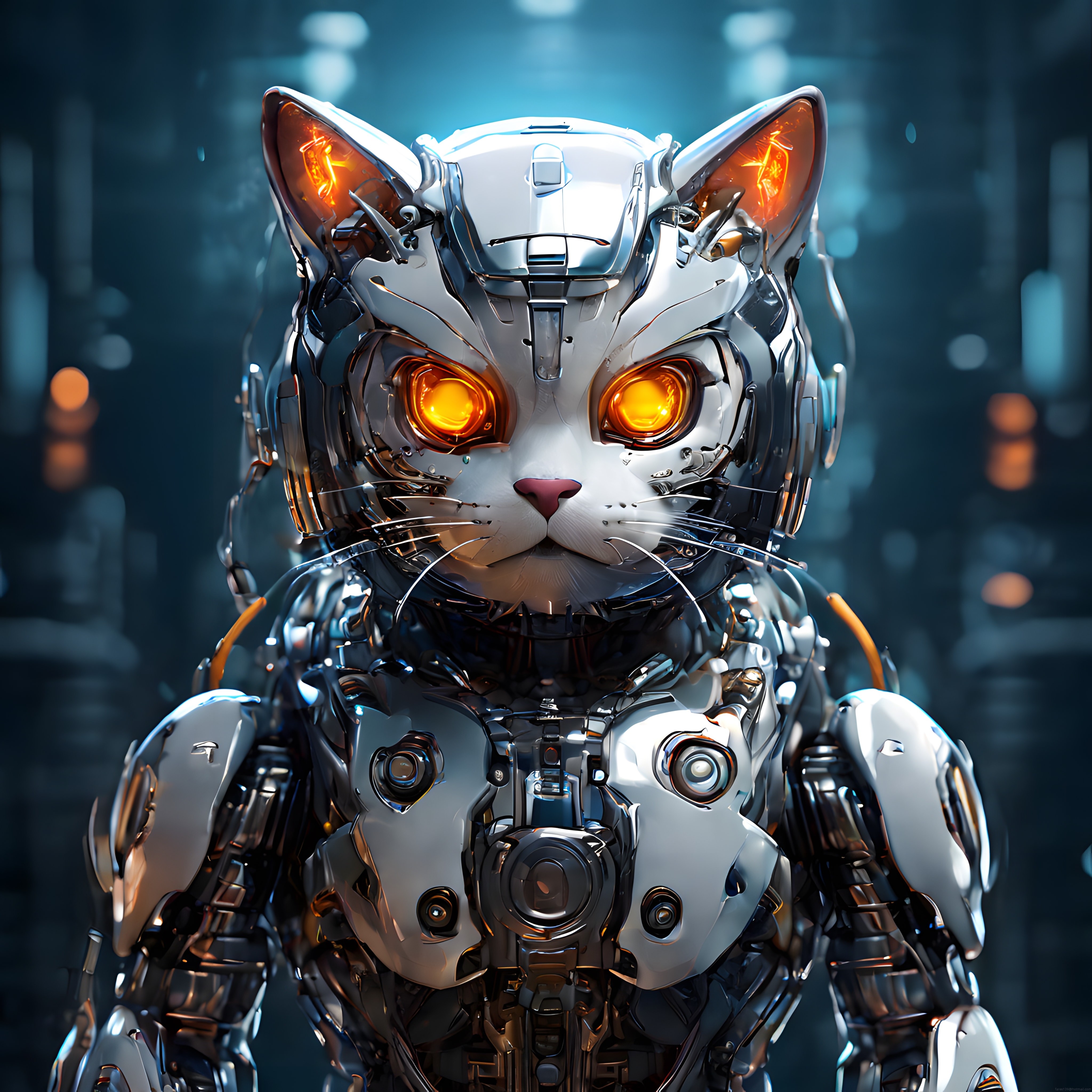 Parlayan Turuncu Gözleriyle Metal Zırhlı İleri Teknoloji Robot Kedi Portresi