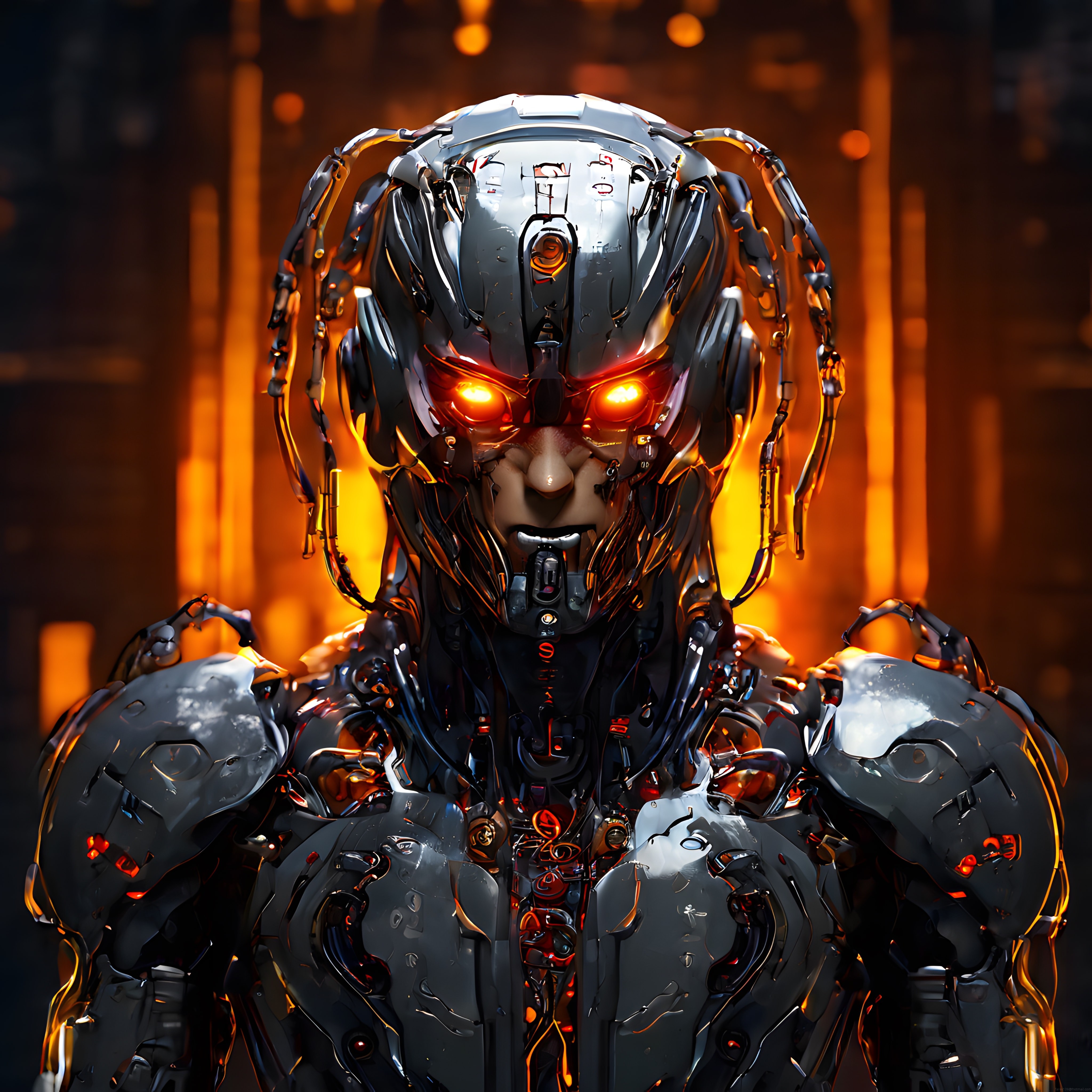 Parlayan Turuncu Gözleriyle Metal Zırhlı Korkutucu Bir Cyborg Portresi
