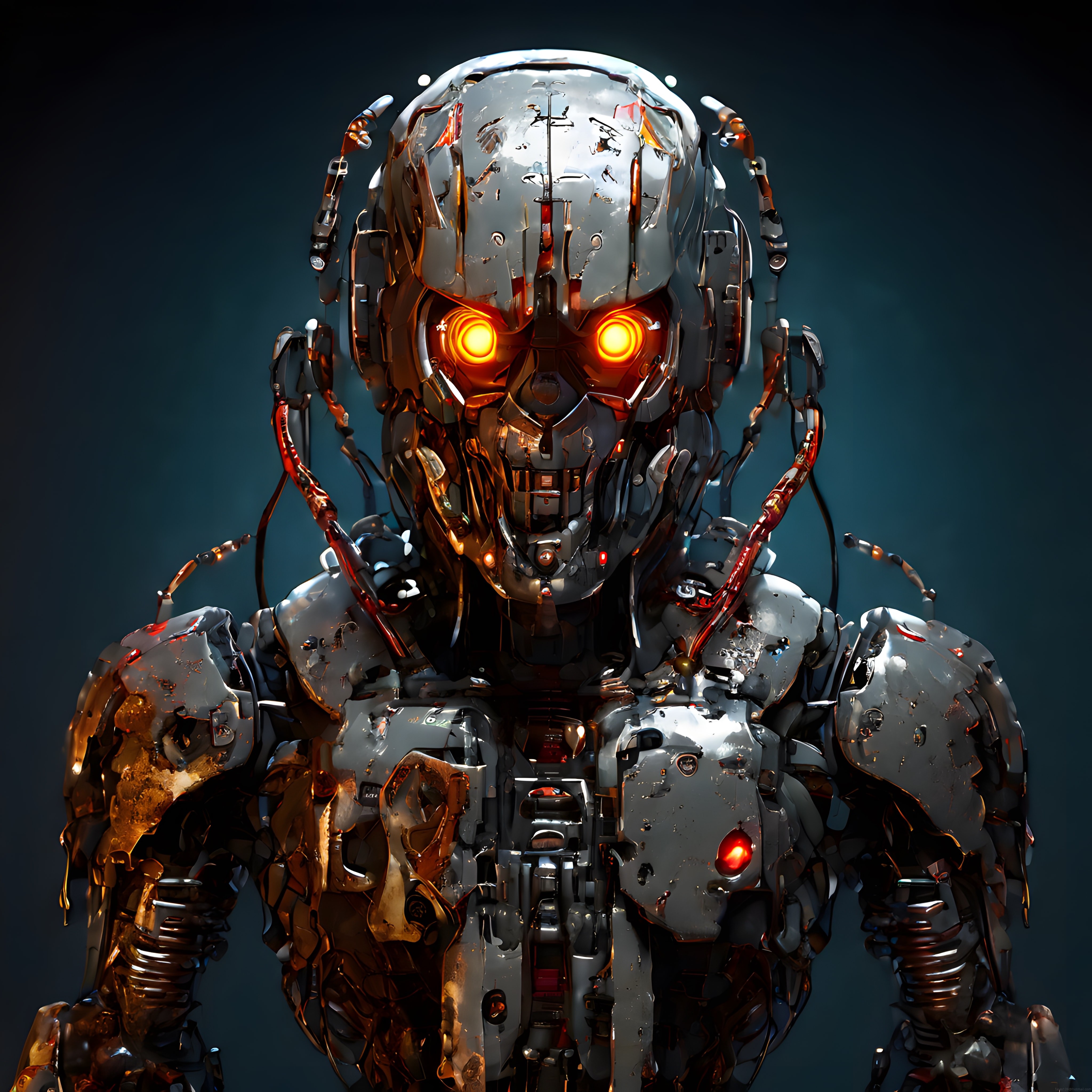 Parlayan Turuncu Gözleriyle Paslı ve Distopik Bir İnsansı Robot Portresi