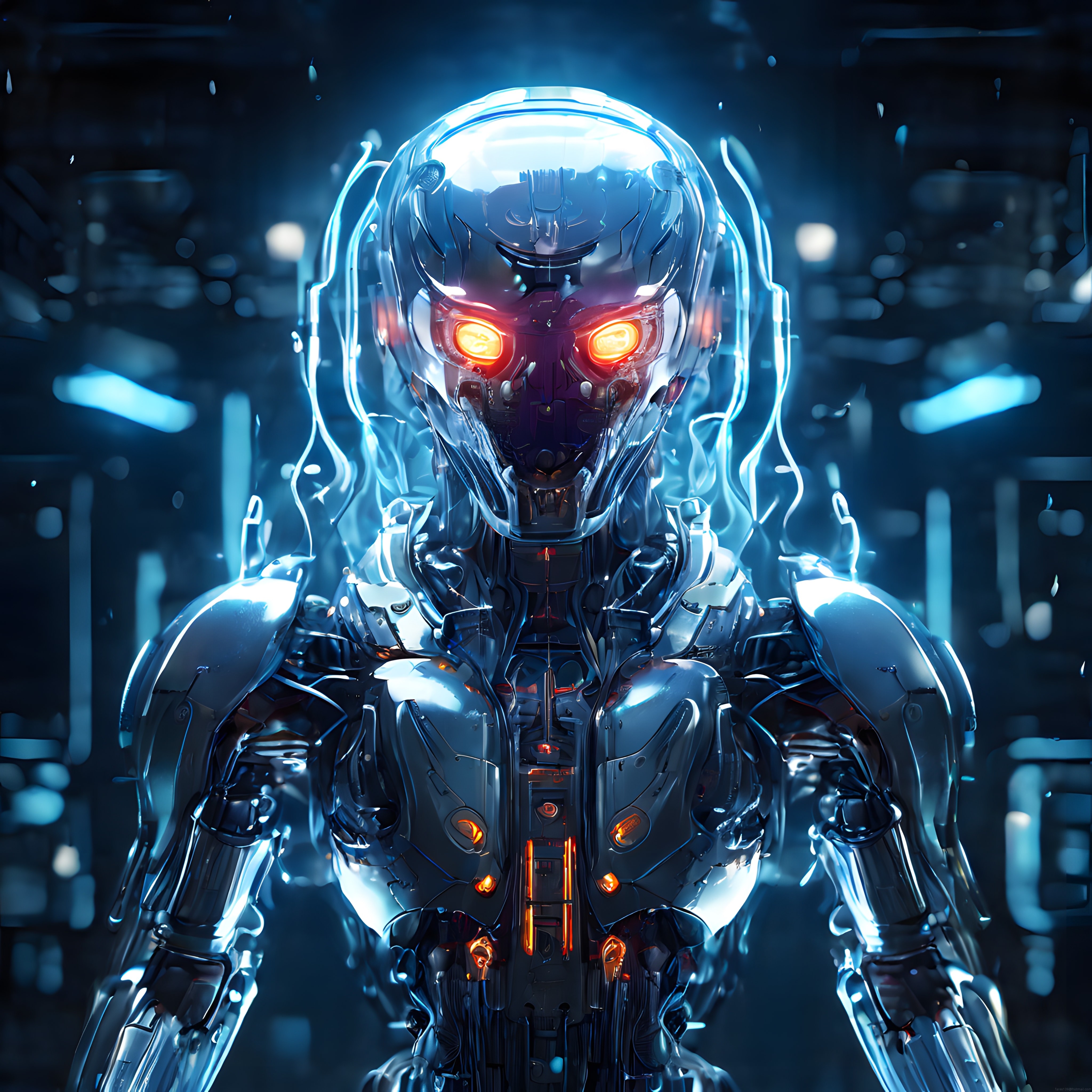 Parlayan Turuncu Gözlü Cyberpunk Robot ve Metalik Gelecek Zırh Tasarımı