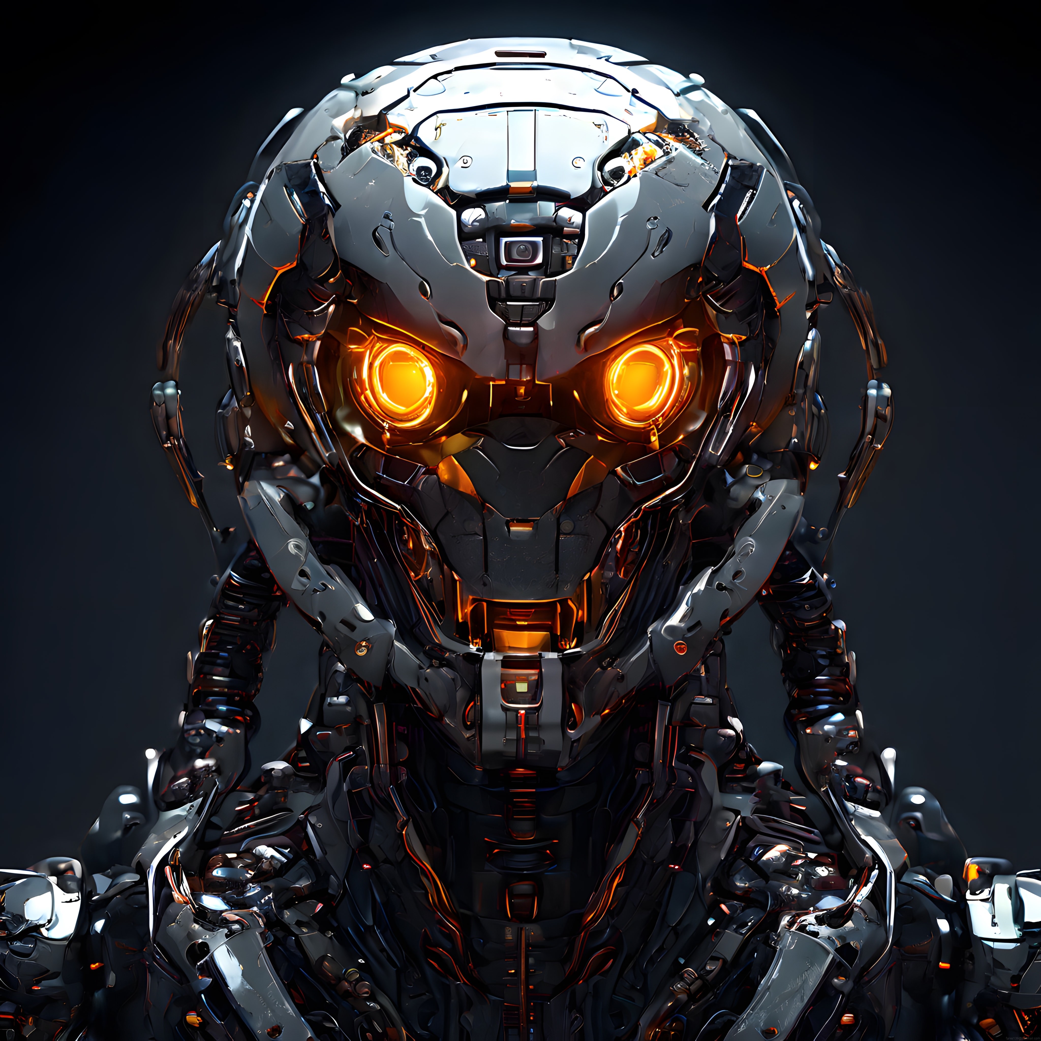 Parlayan Turuncu Gözlü Geleceğin Robot Kaskı Cyberpunk Mekanik Tasarım